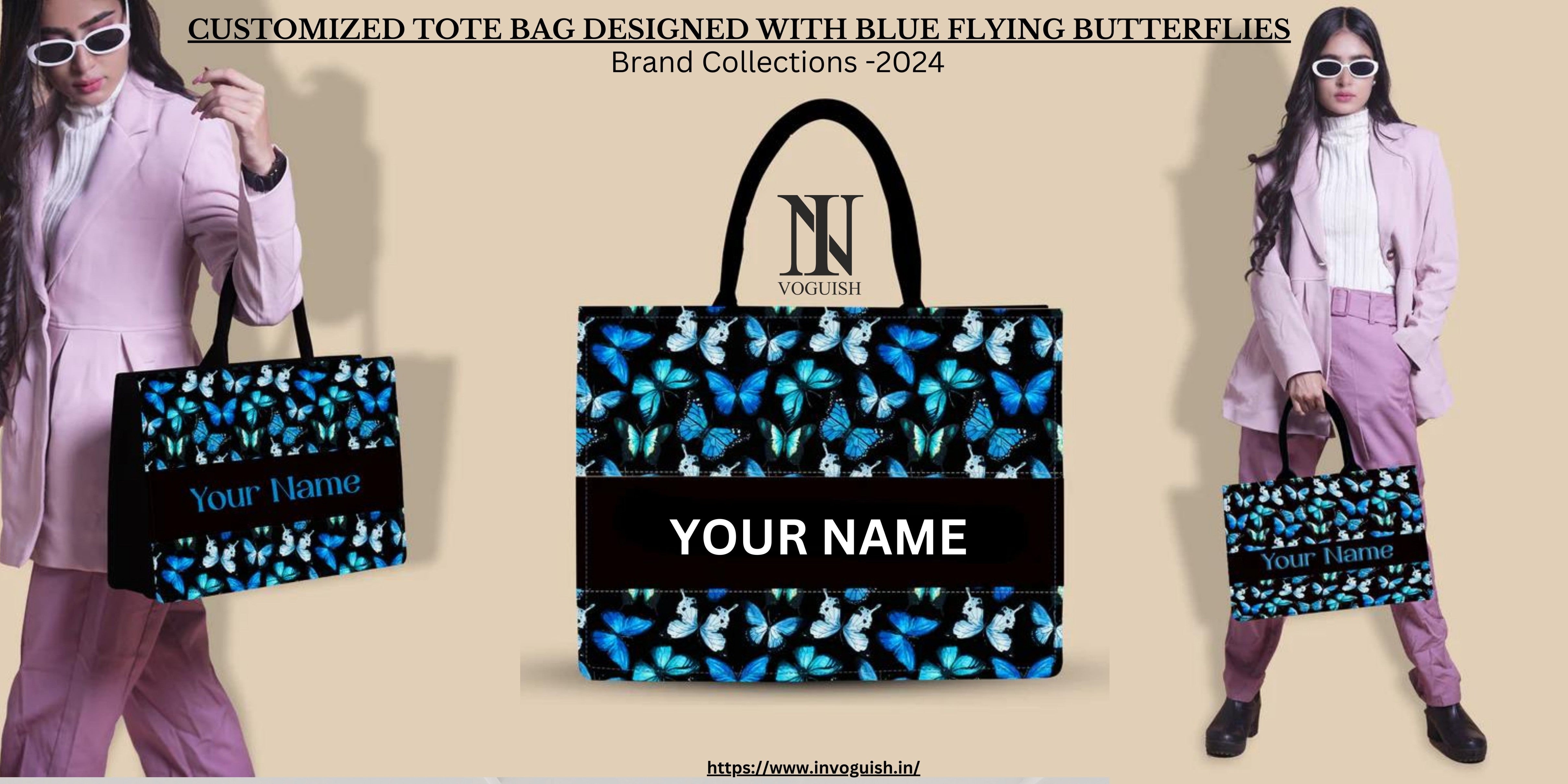 Customized Tote Bag Designed With Blue Flying Butterflies