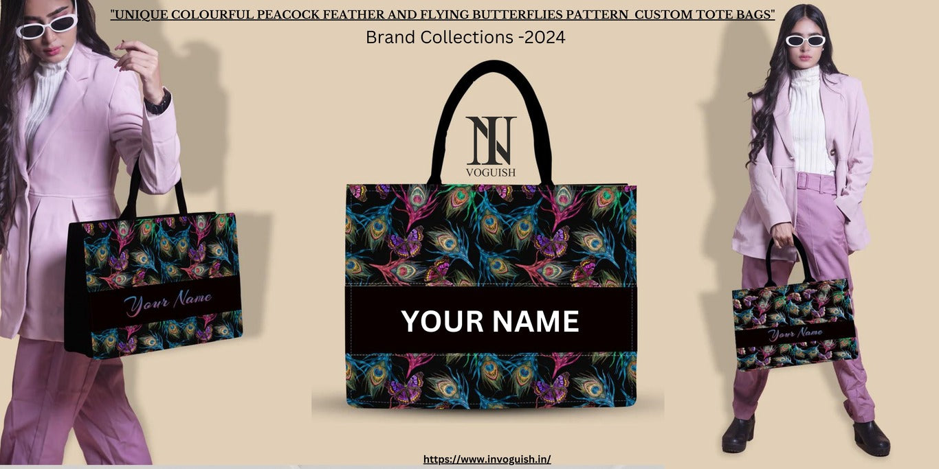 "Unique Colourful Peacock Feather And Flying Butterflies Pattern Embossed Custom Tote Bags"