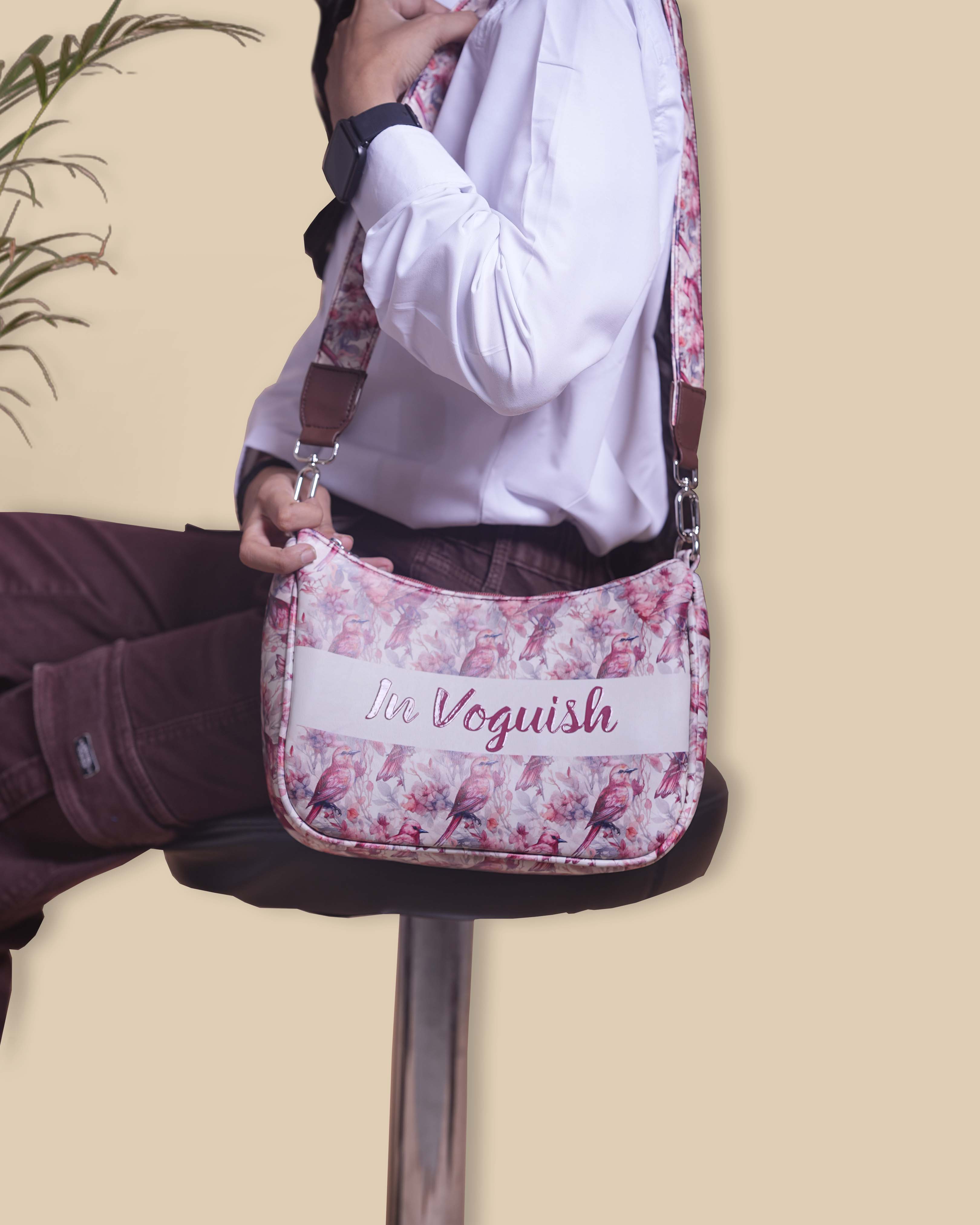 Customized Sling Bag Designed With Beautiful Flowers and Sparrow