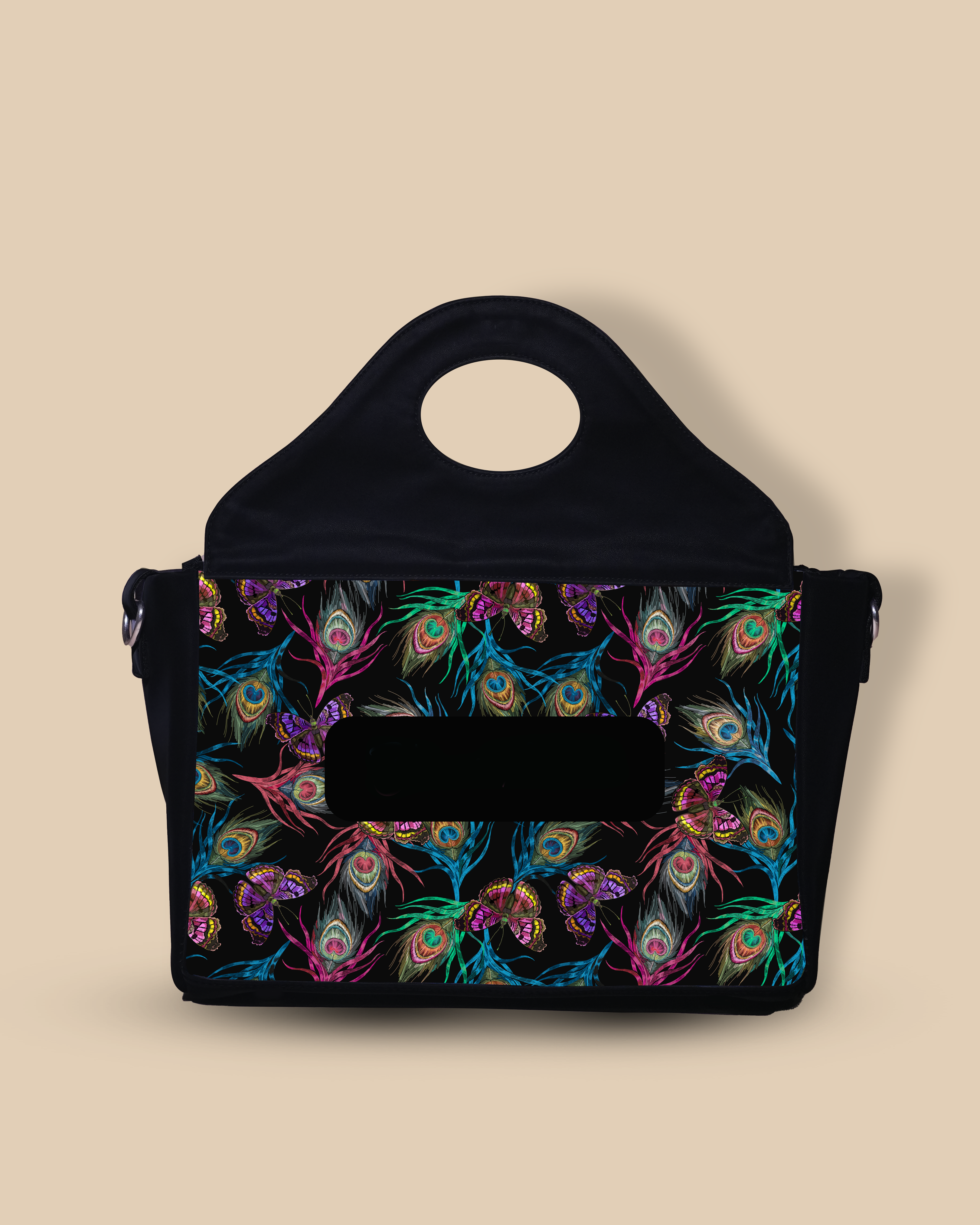 Customized Sling Purse Designed With Colourful Peacock Feather And Flying Butterflies Pattern