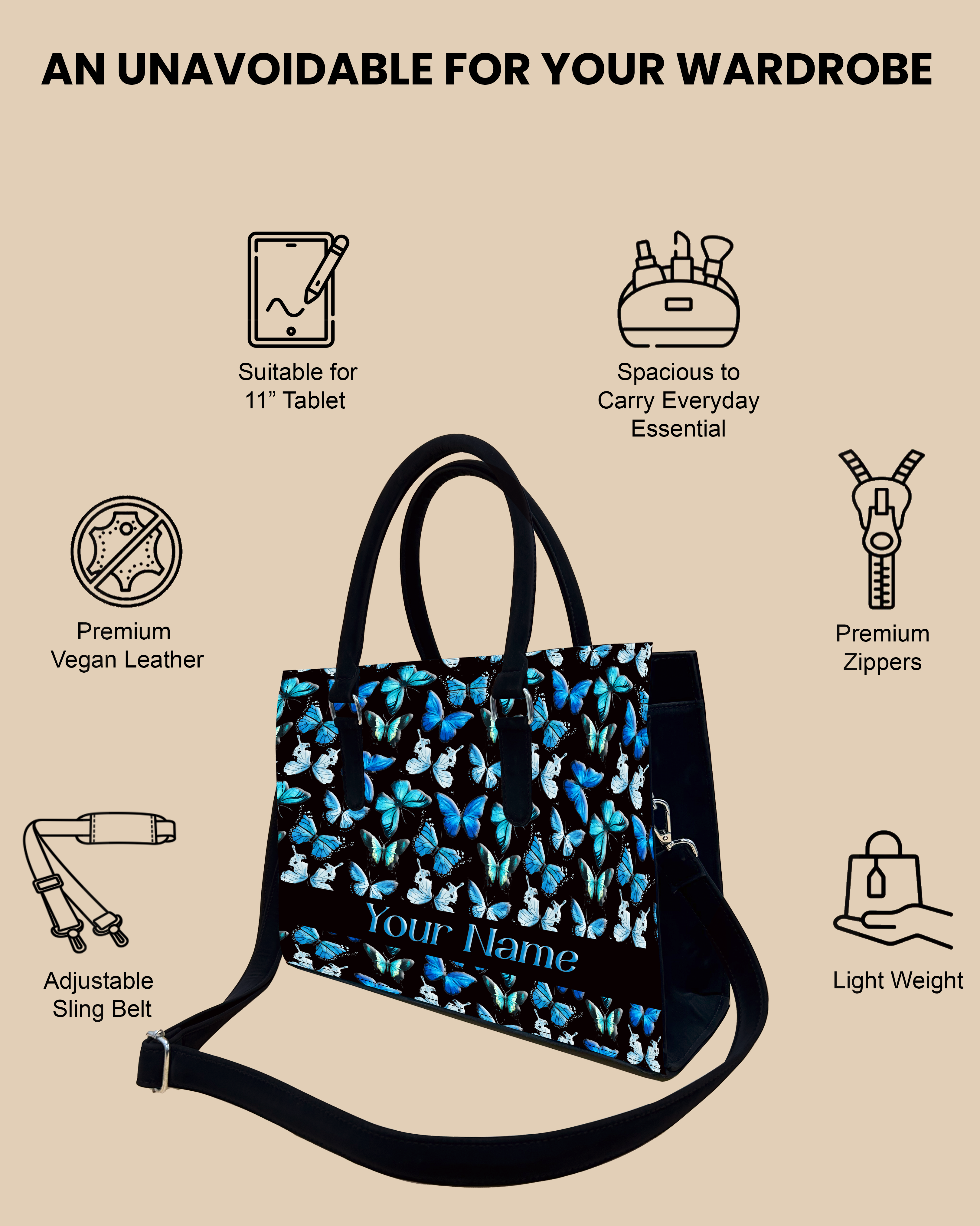 Blue Flying Butterflies Designer Sling Tote