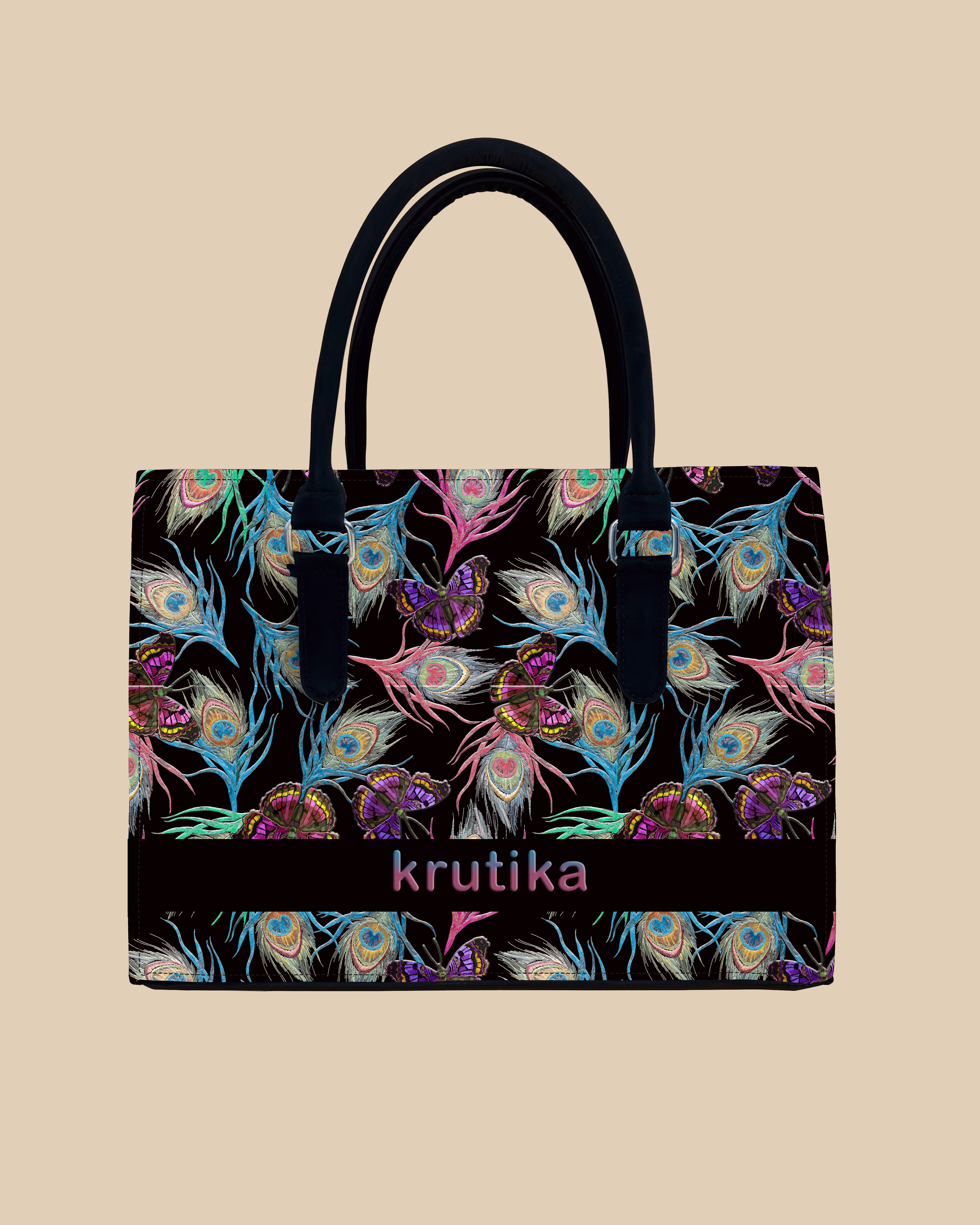 Colorful Peacock Feather And Flying Butterflies Designer Sling Tote