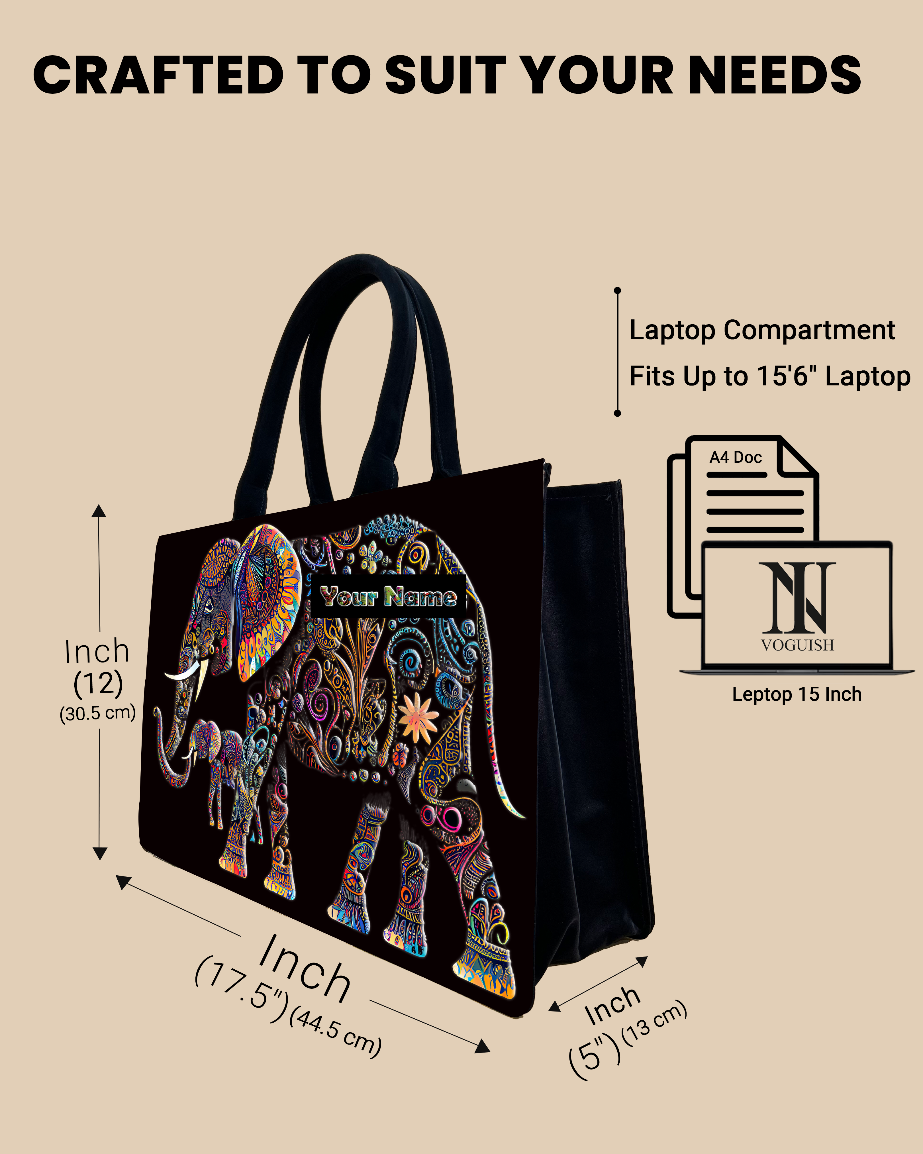 Customized Tote Bag  Designed with Baby And Mother Elephant Pattern