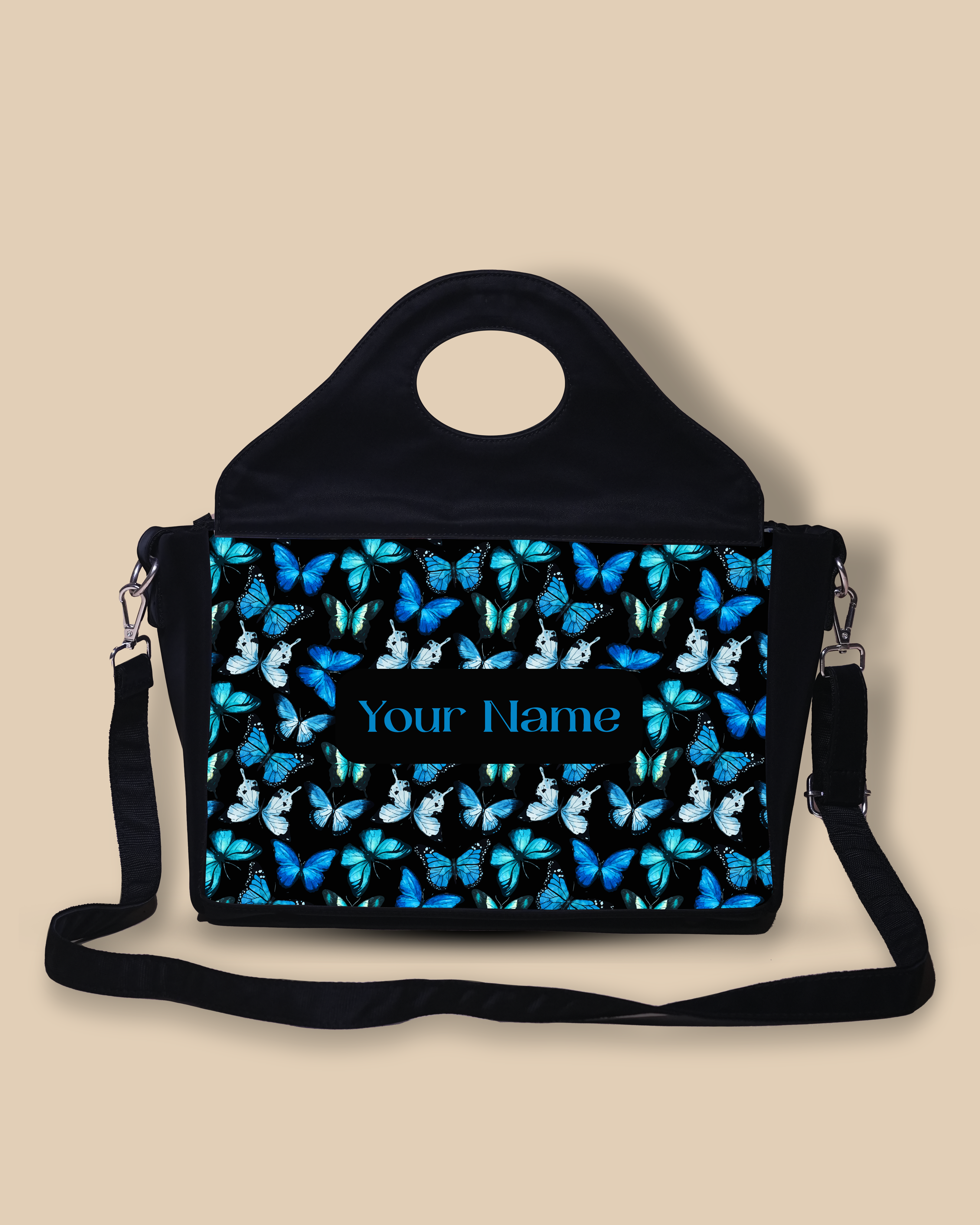 Customized Sling Purse Designed With Blue Flying Butterflies