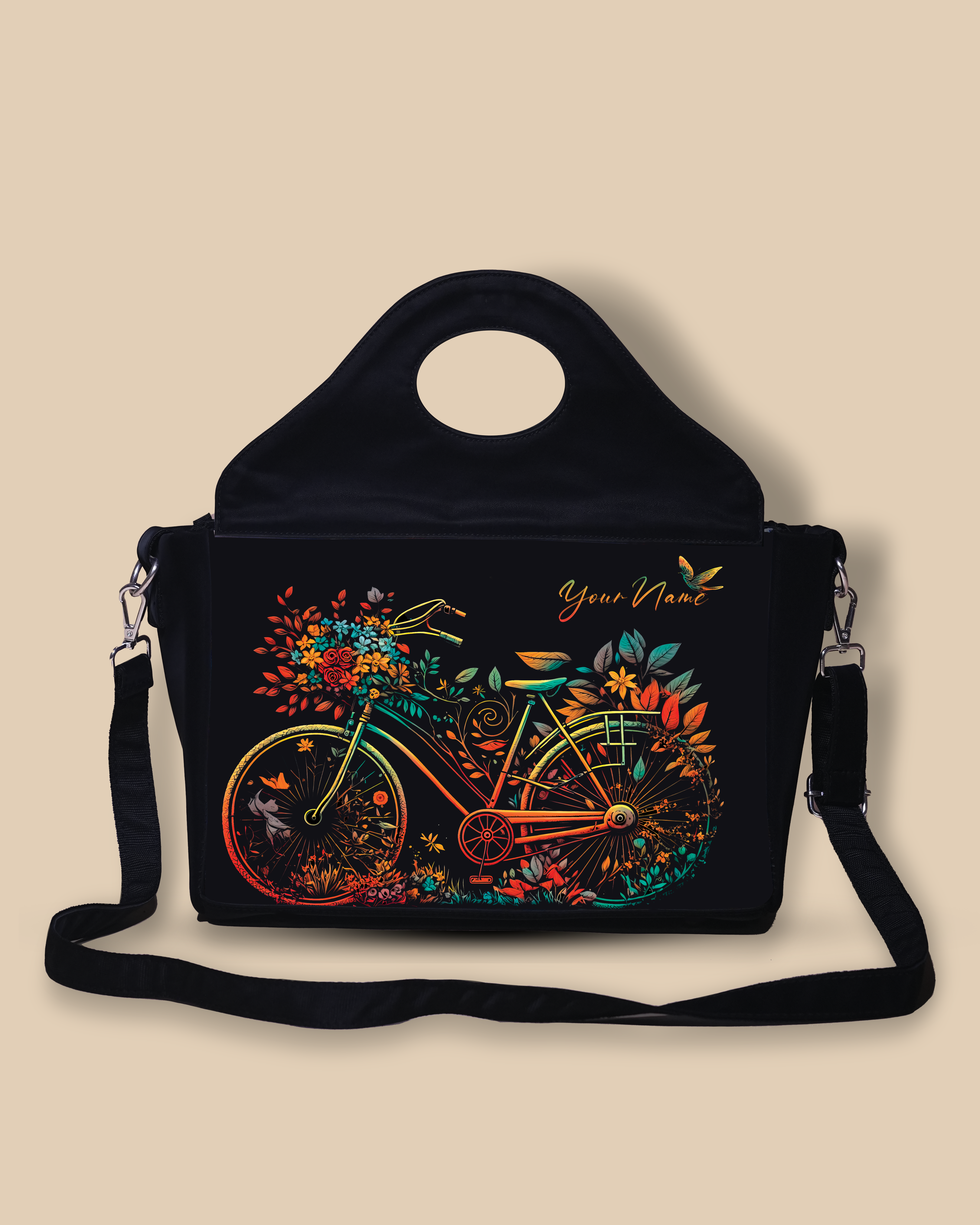 Customized Sling Purse Designed With Growing Nature On Colourfull Bicycle