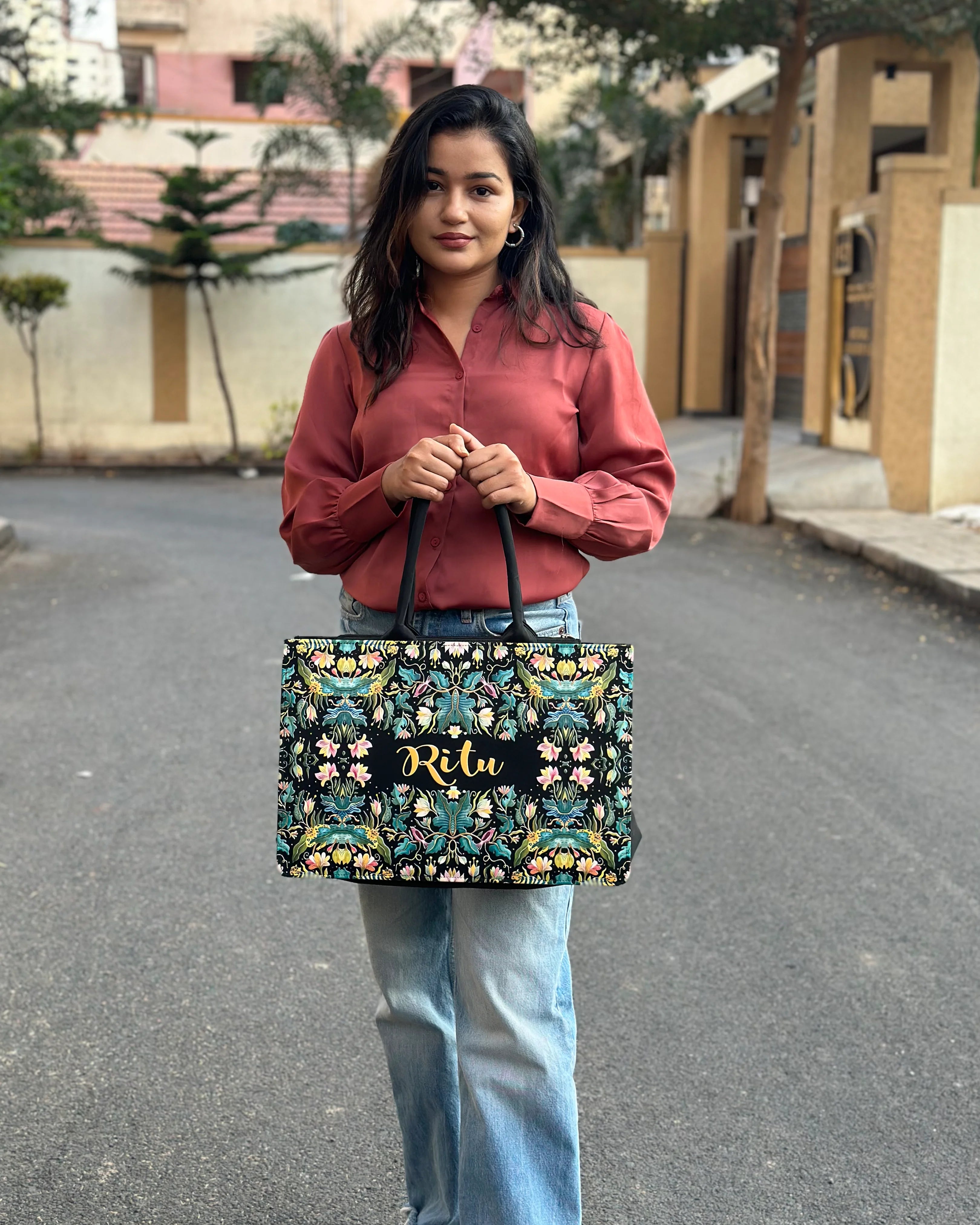 African Jungle Up Embossed Leather Personalized Tote Bag