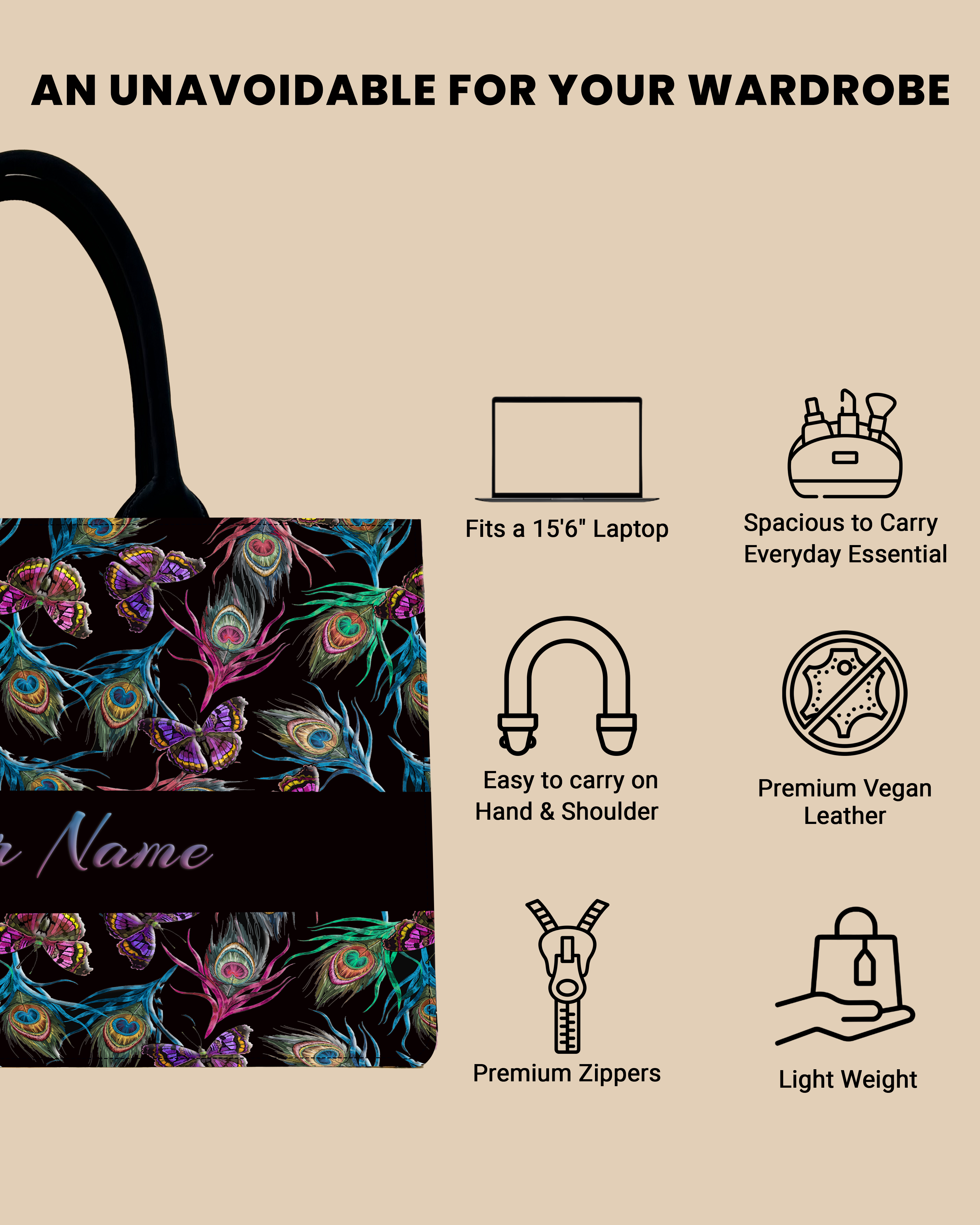 Customized Tote Bag Designed With Colourful Peacock Feather And Flying Butterflies Pattern