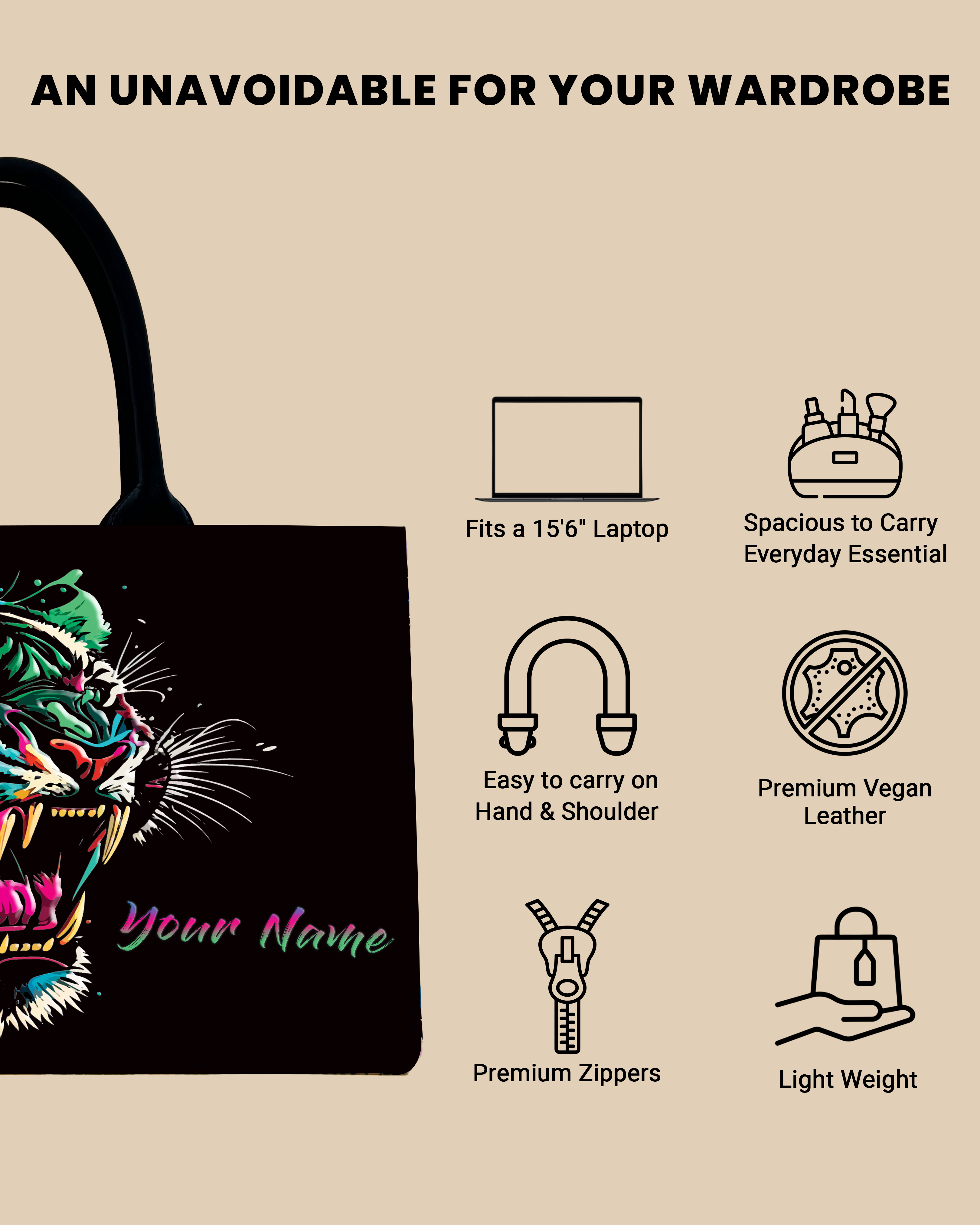 Customized Tote Bag Designed With Colourfull Roaring Bangal Tiger