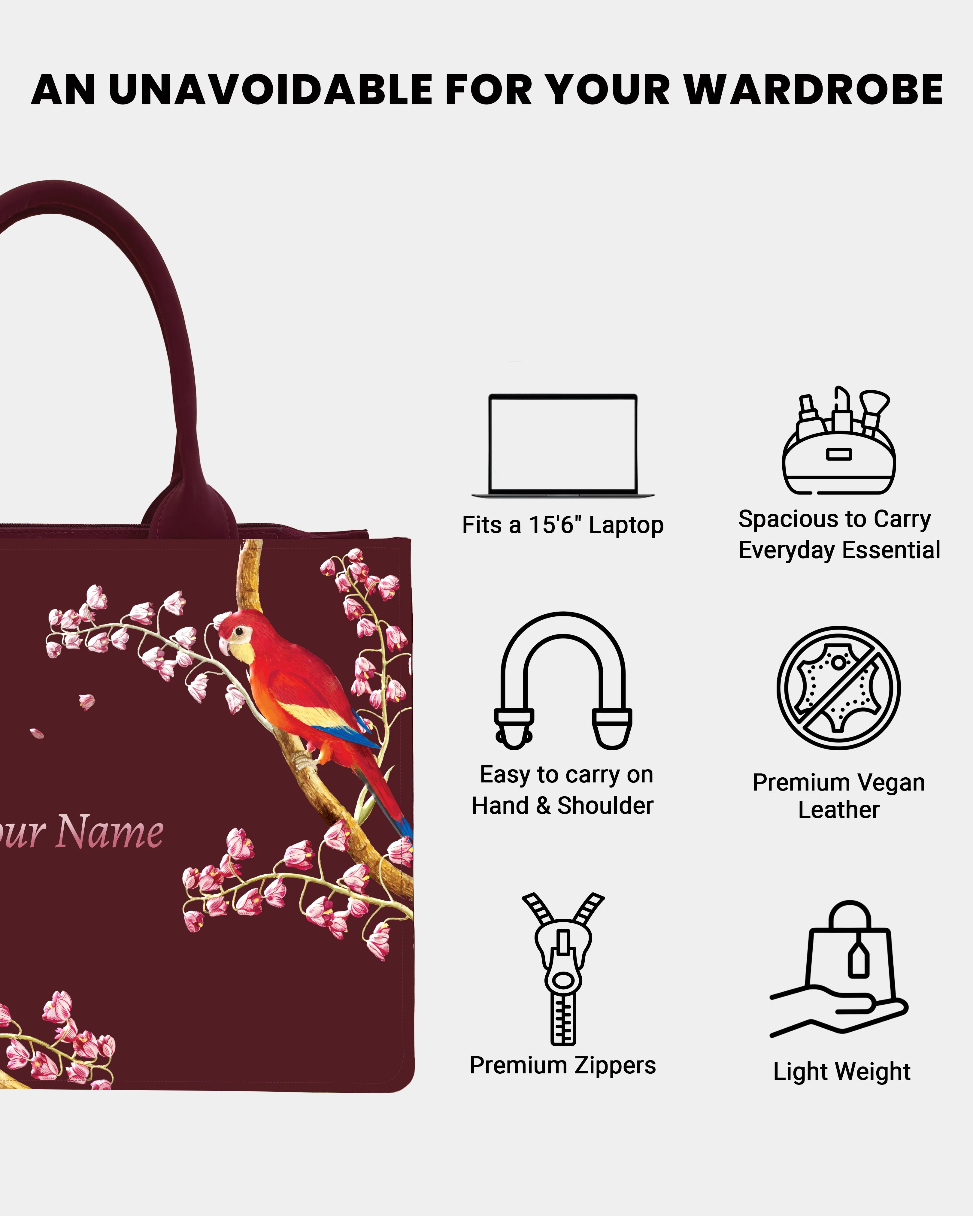 Rich Wine with colorful parrot Embossed Custom Tote Bag