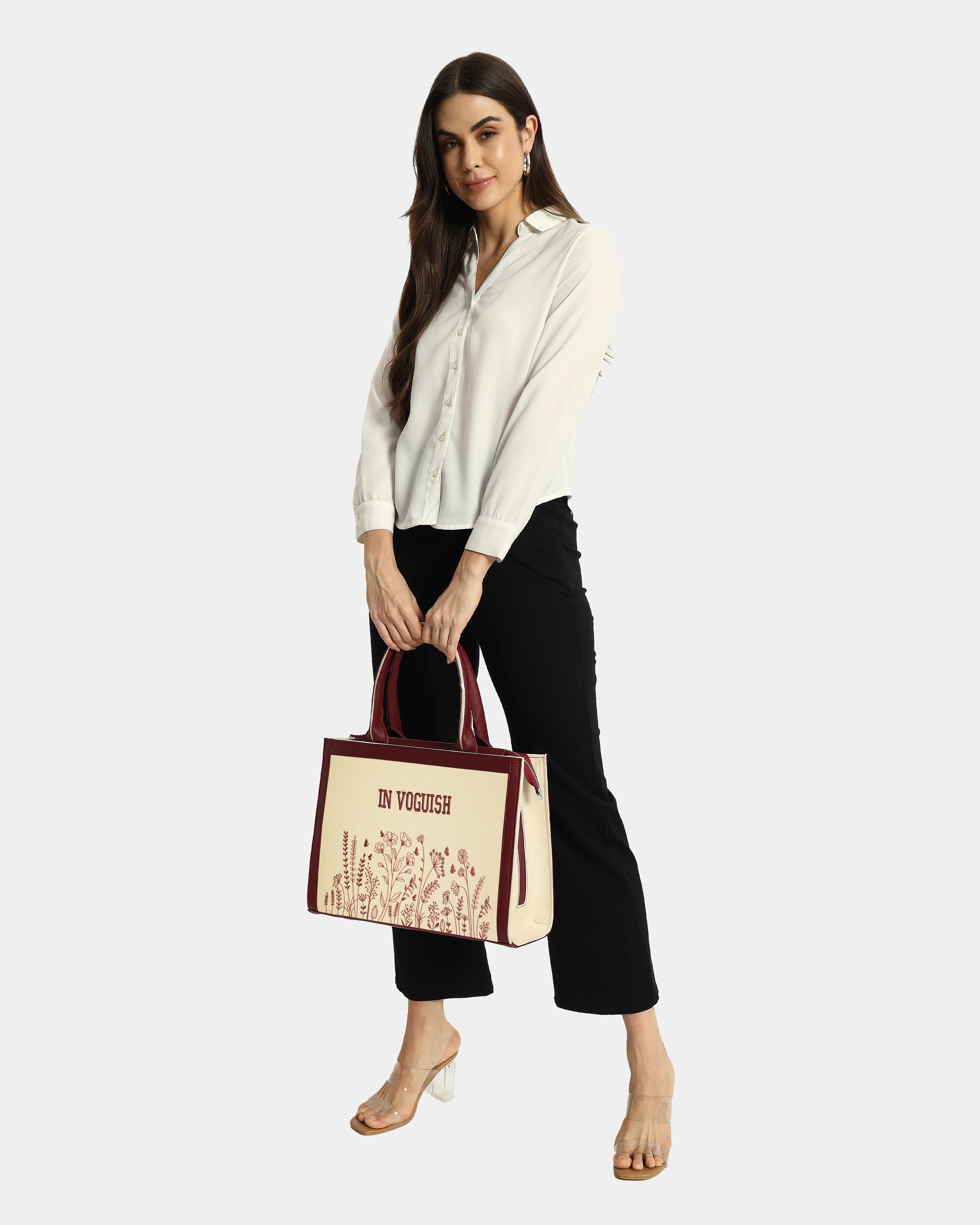 Burgundy Floral Garden Customized Embroidered Tote Bag