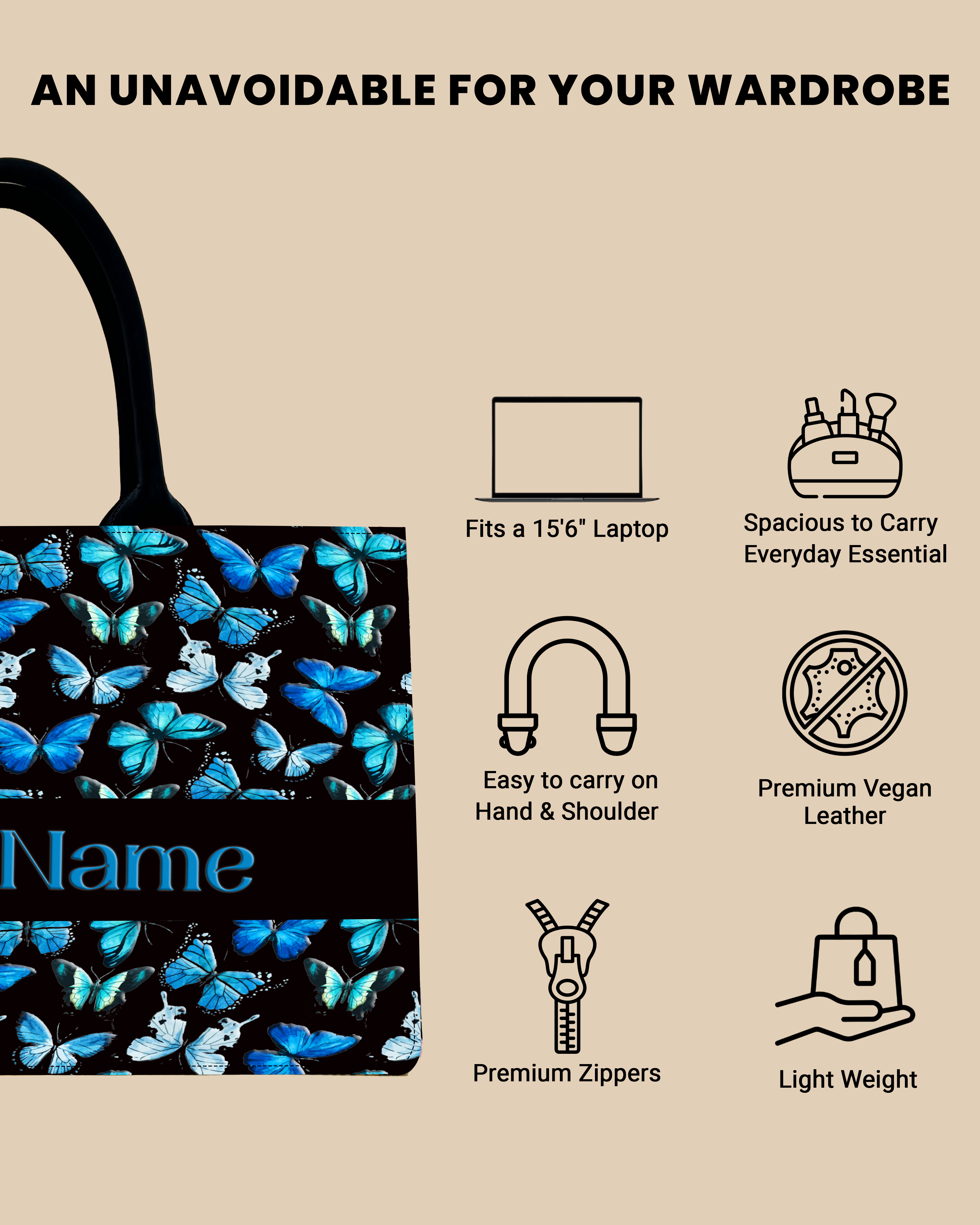 Customized Tote Bag Designed With Blue Flying Butterflies