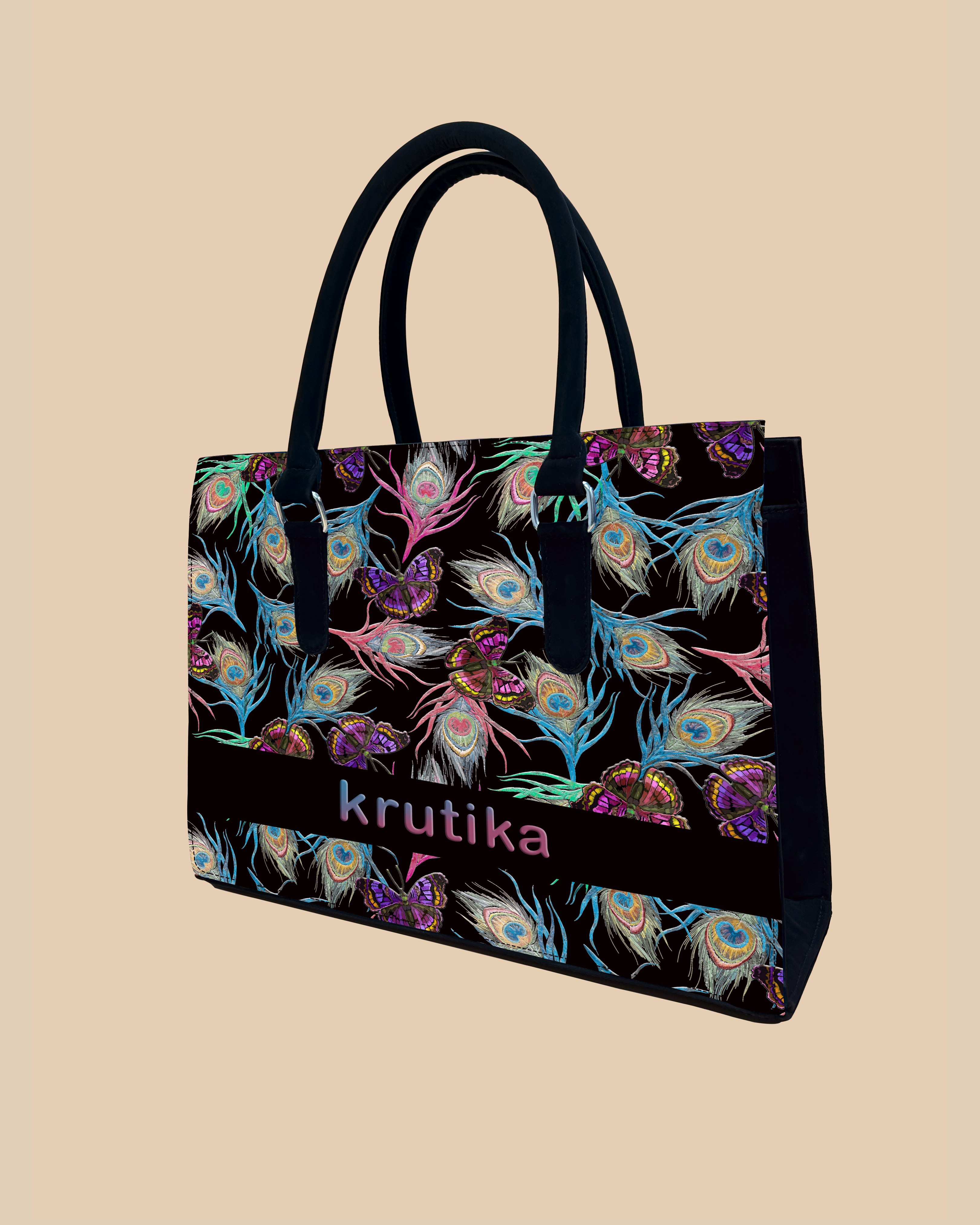 Colorful Peacock Feather And Flying Butterflies Designer Sling Tote