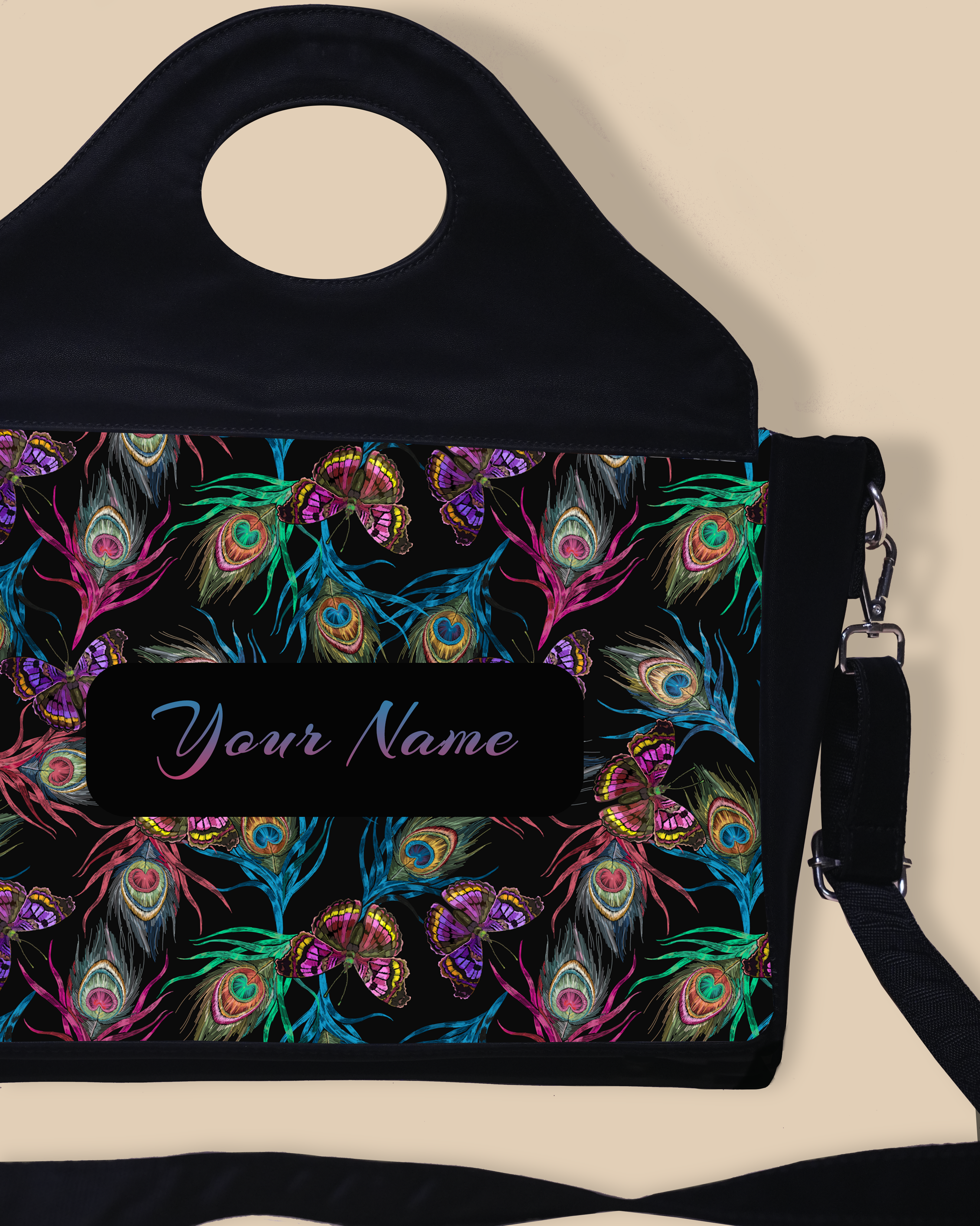 Customized Sling Purse Designed With Colourful Peacock Feather And Flying Butterflies Pattern