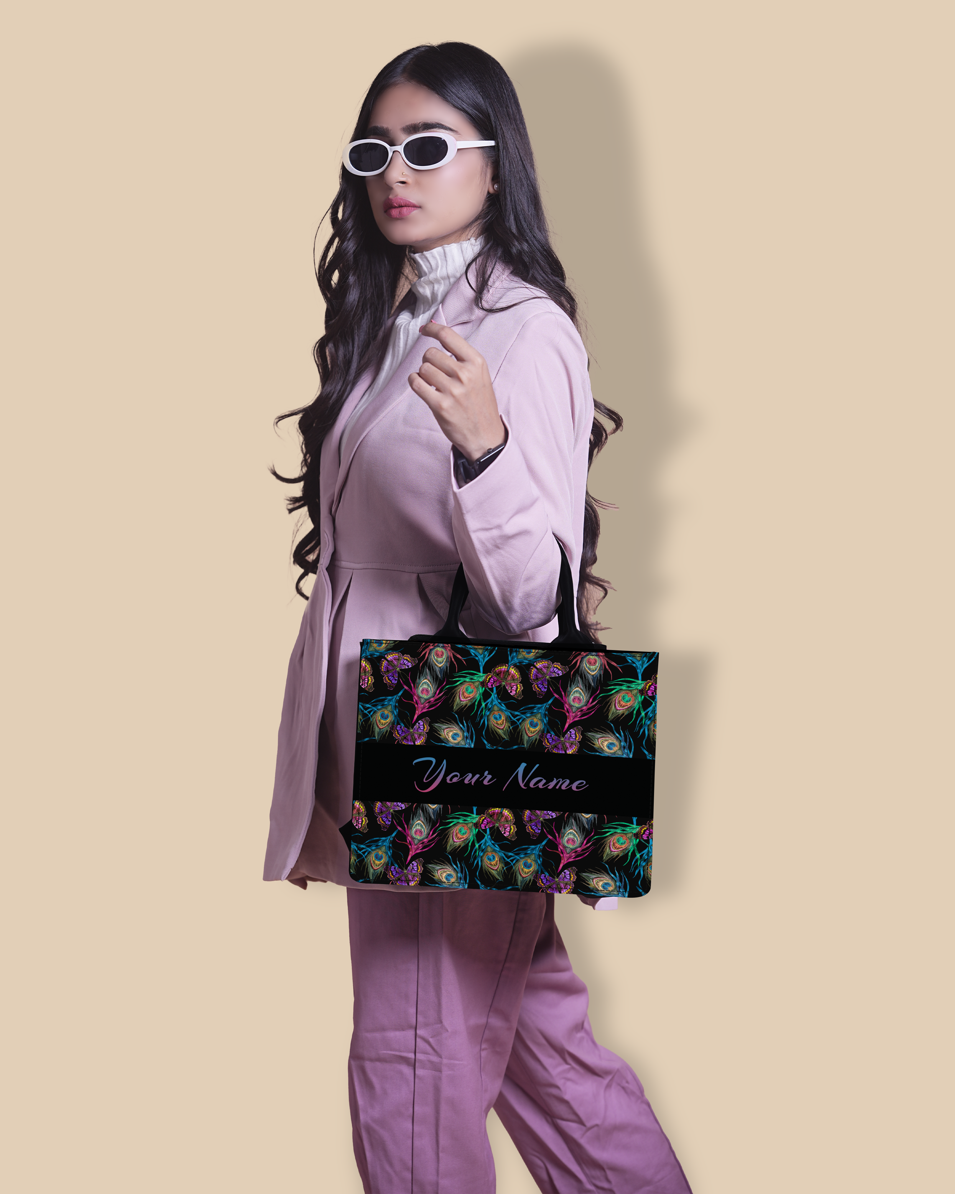 Customized small Tote Bag Designed With Colourful Peacock Feather And Flying Butterflies Pattern