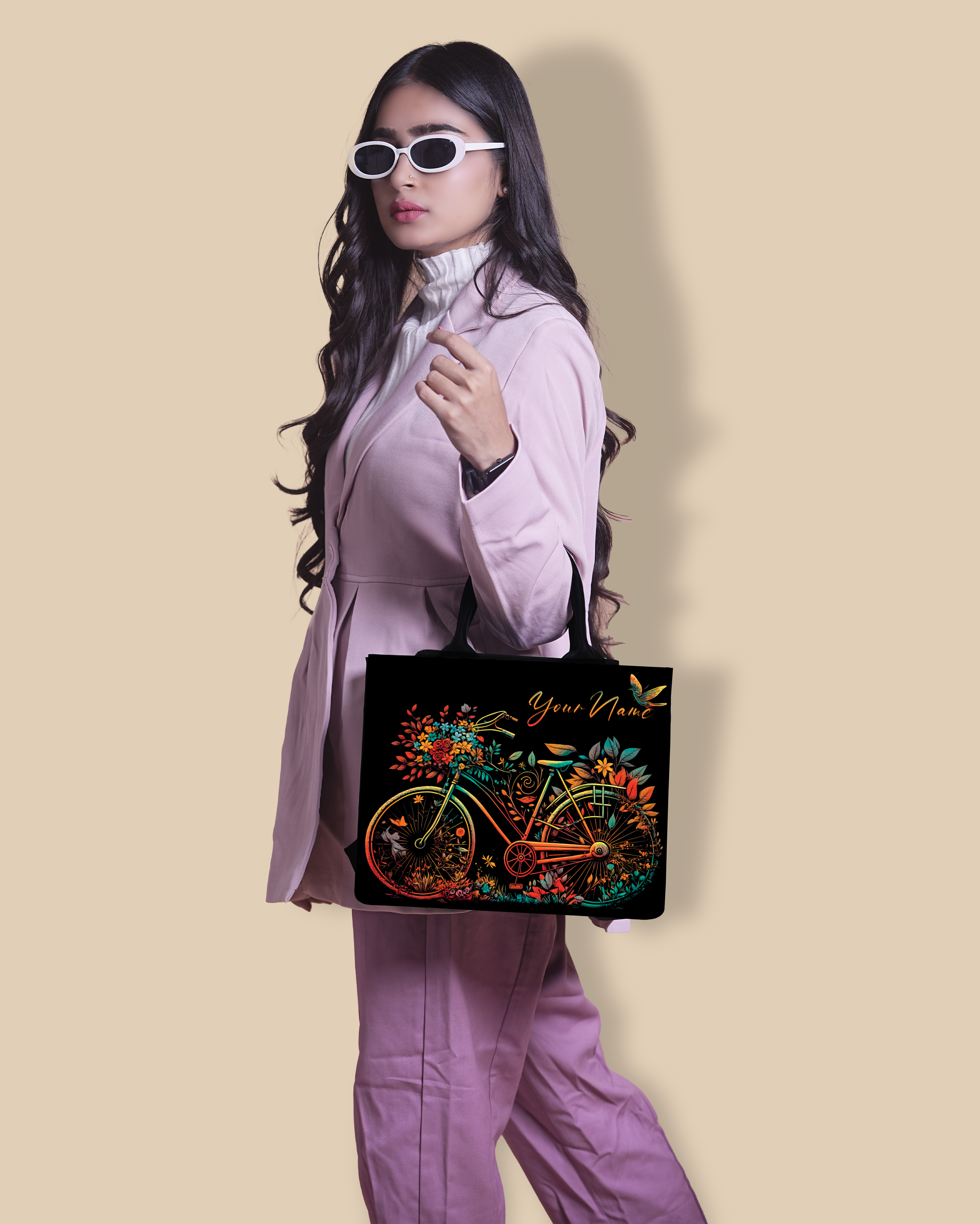 Customized small Tote Bag Designed With Growing Nature On Colorful Bicycle