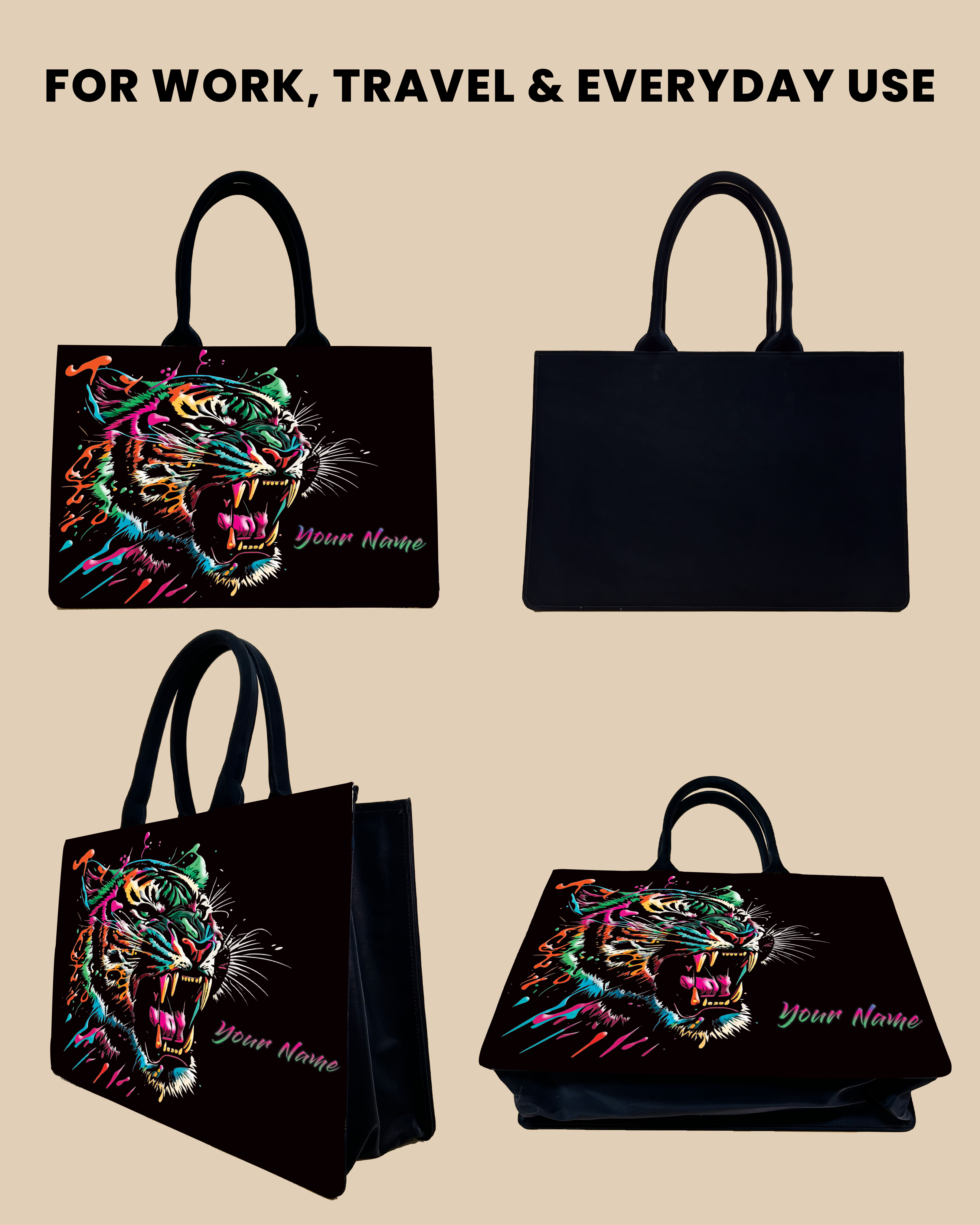 Customized Tote Bag Designed With Colourfull Roaring Bangal Tiger