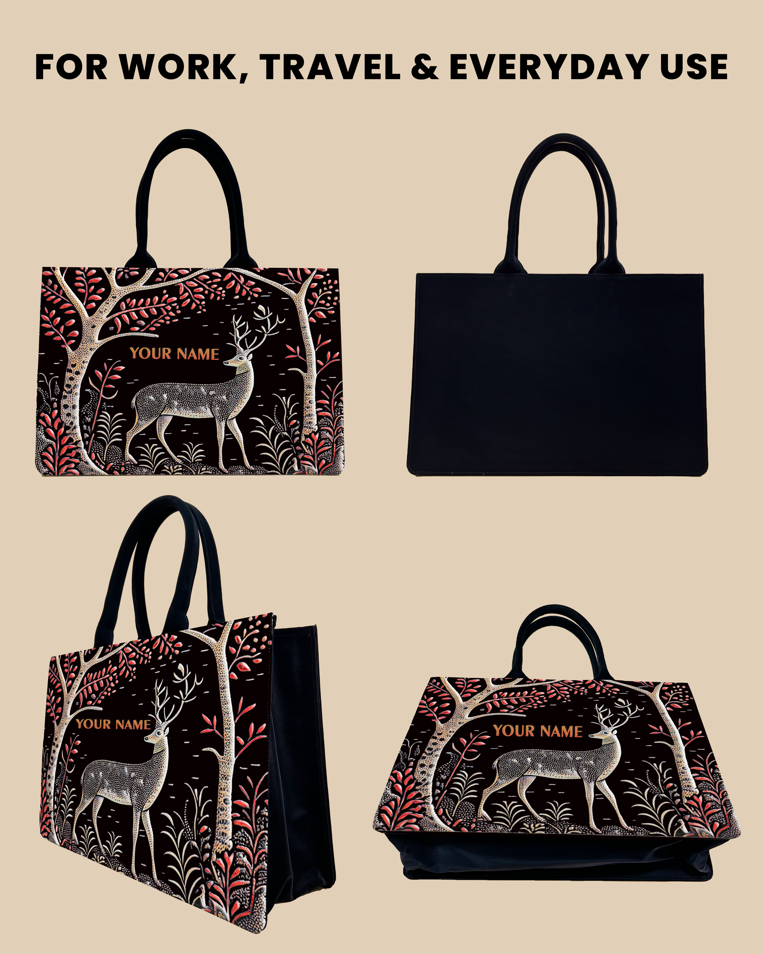 Deer in Jungle Up Embossed Design Leather Personalized Tote Bag