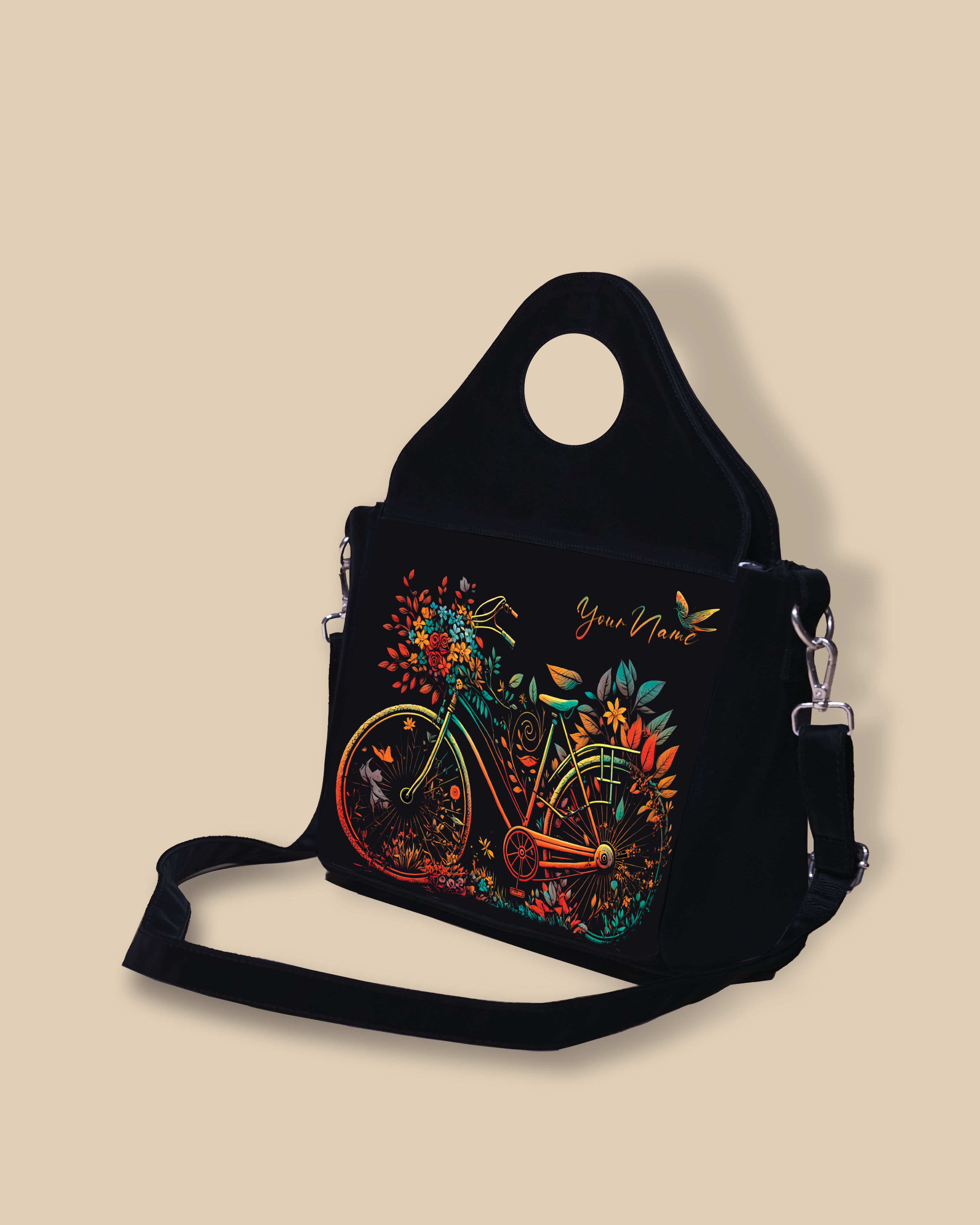 Customized Sling Purse Designed With Growing Nature On Colourfull Bicycle