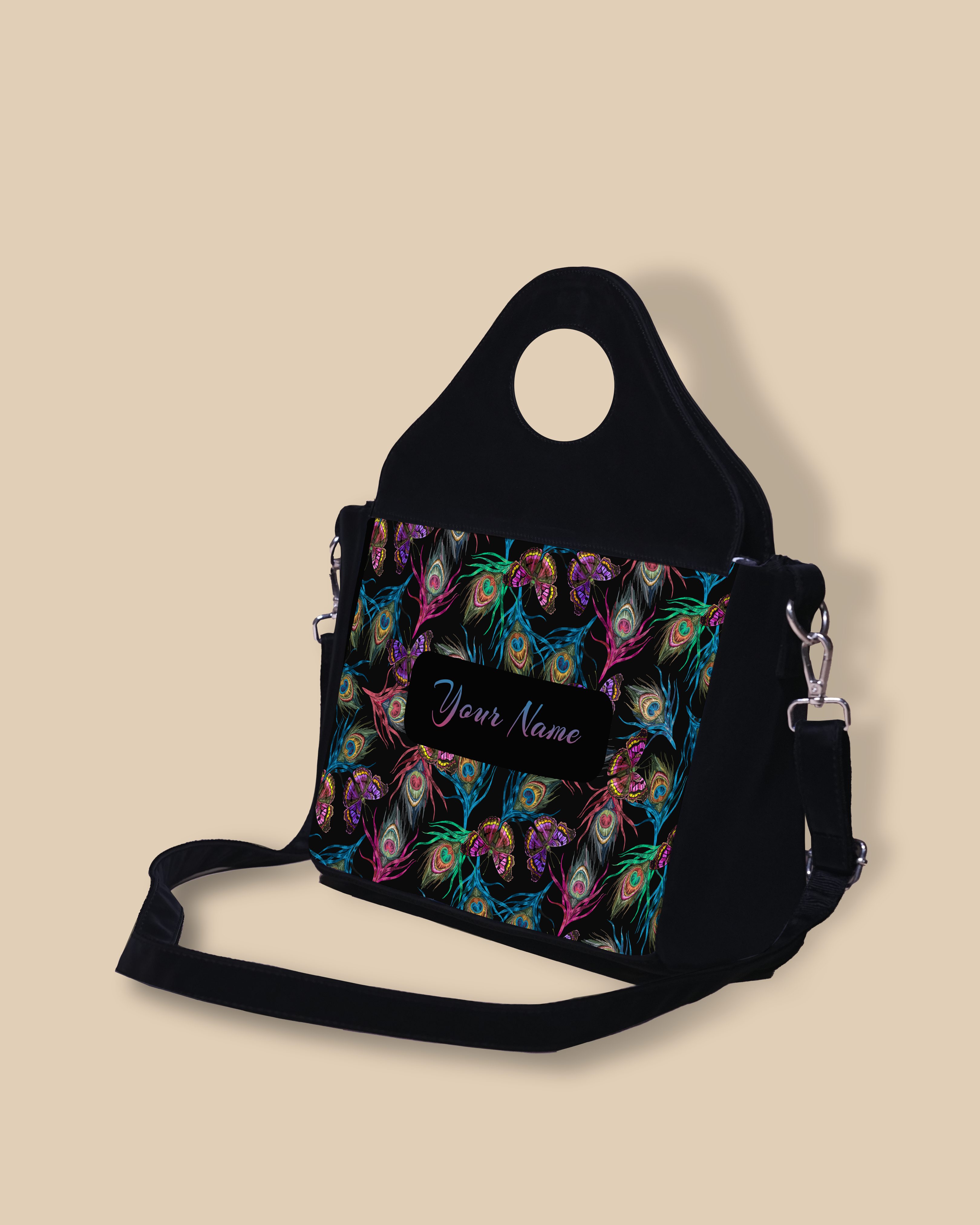 Customized Sling Purse Designed With Colourful Peacock Feather And Flying Butterflies Pattern