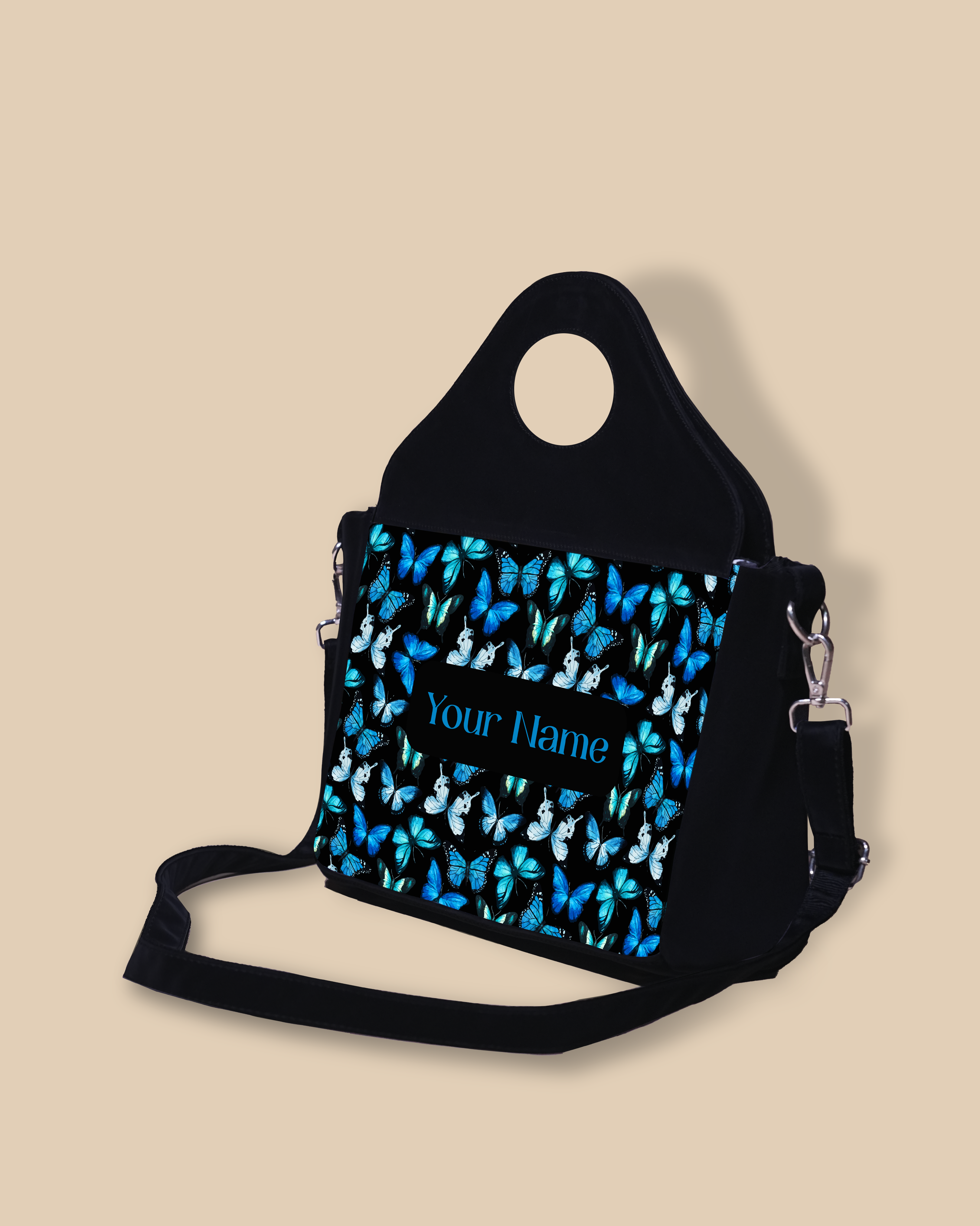 Customized Sling Purse Designed With Blue Flying Butterflies