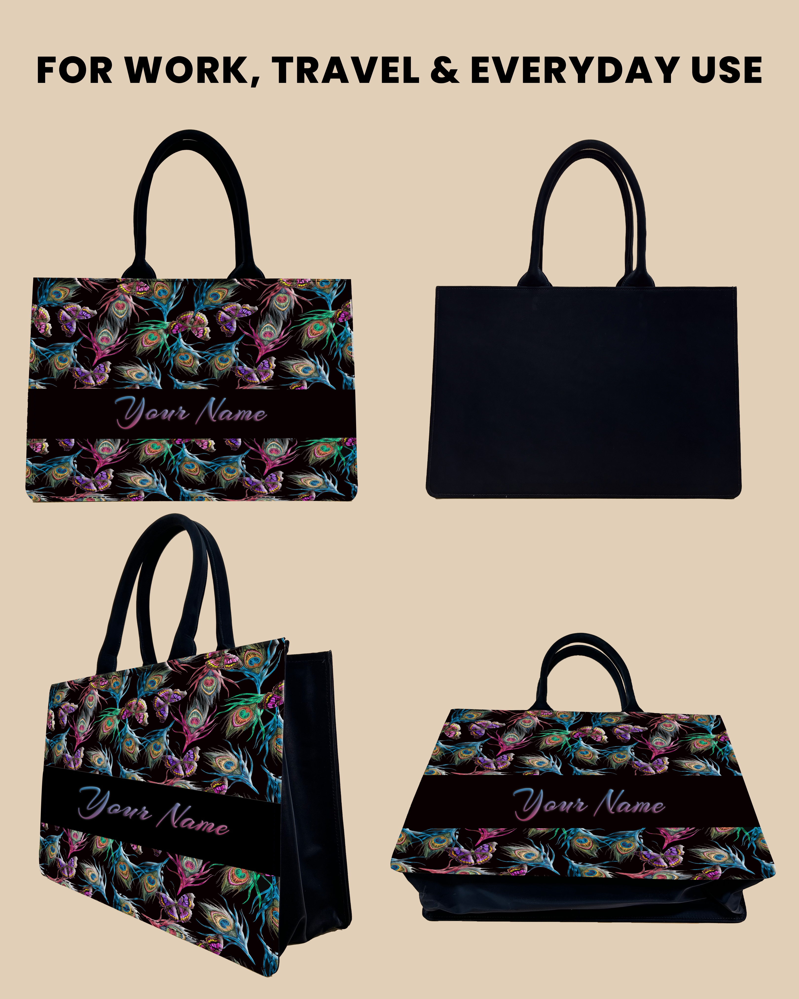 Customized Tote Bag Designed With Colourful Peacock Feather And Flying Butterflies Pattern