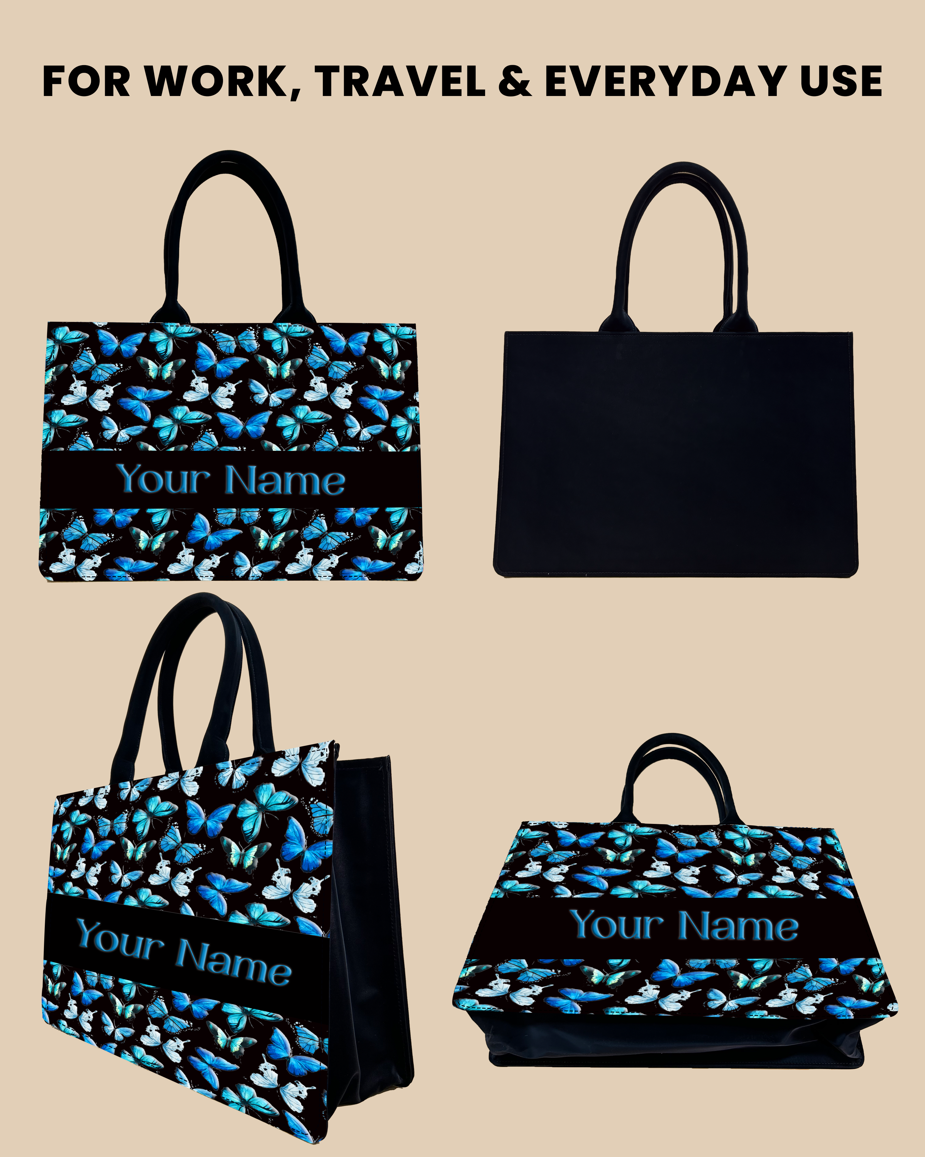 Customized Tote Bag Designed With Blue Flying Butterflies