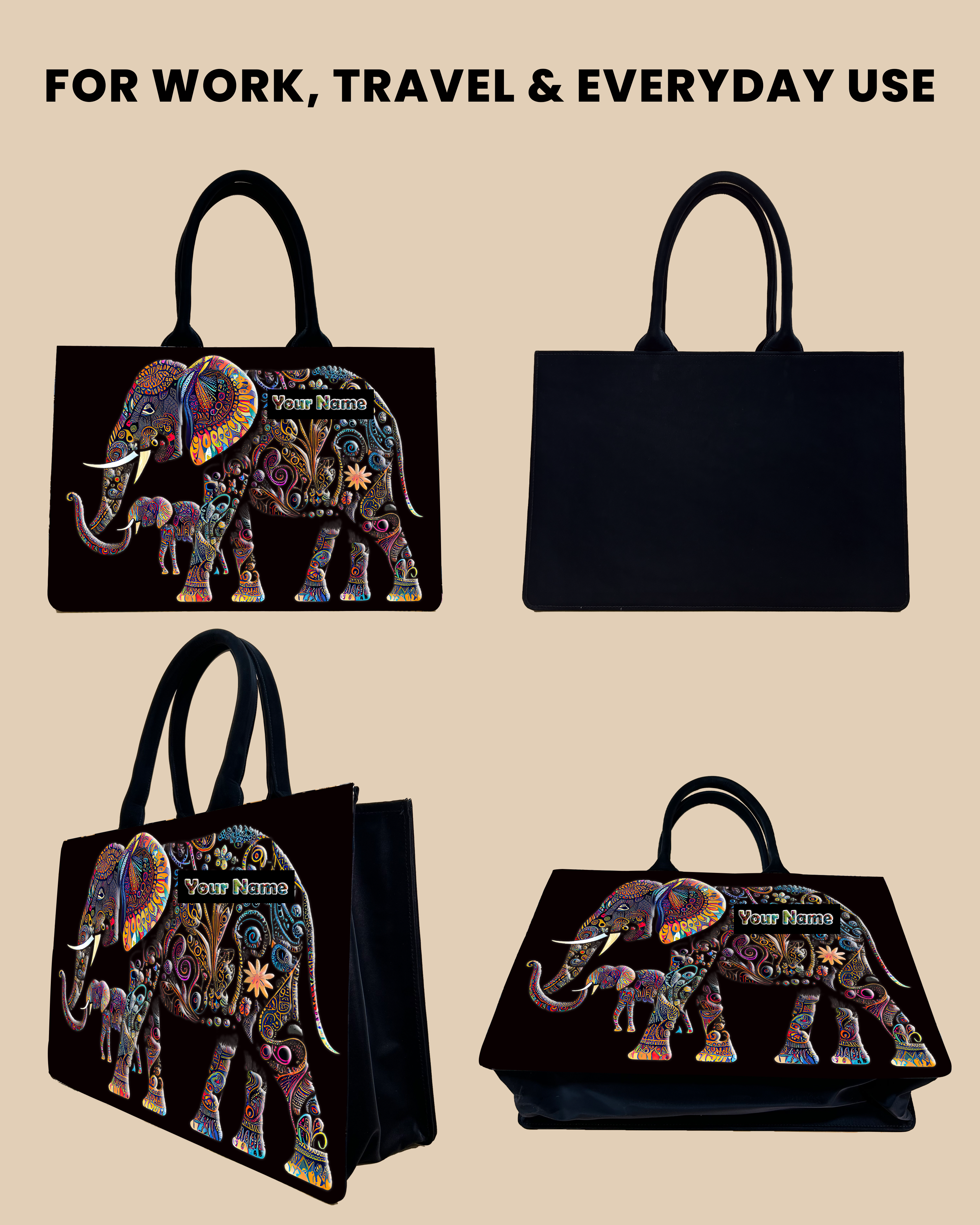 Customized Tote Bag  Designed with Baby And Mother Elephant Pattern