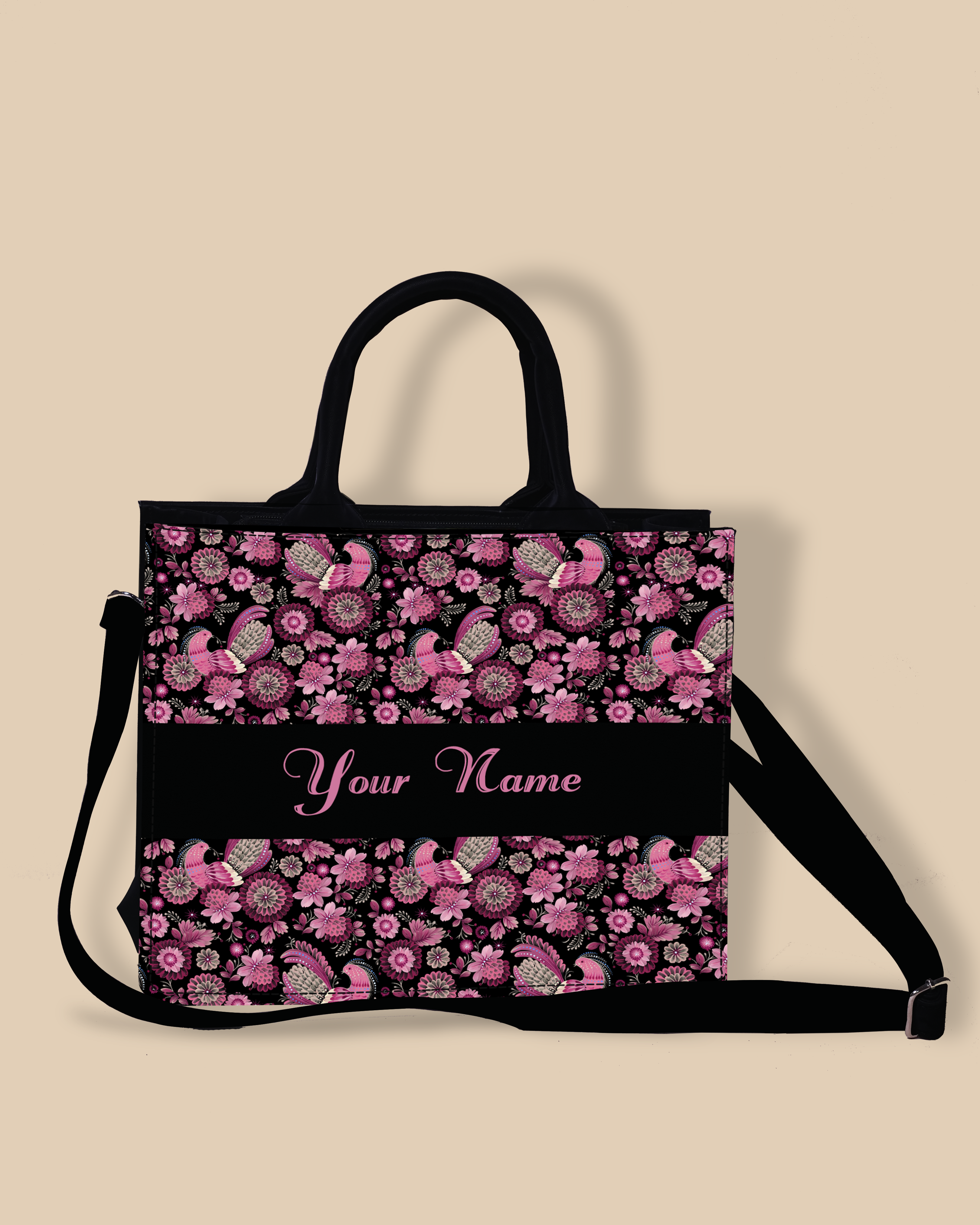 Customized small Tote Bag Designed With Calligraphic Flowers And Peacock Pattern