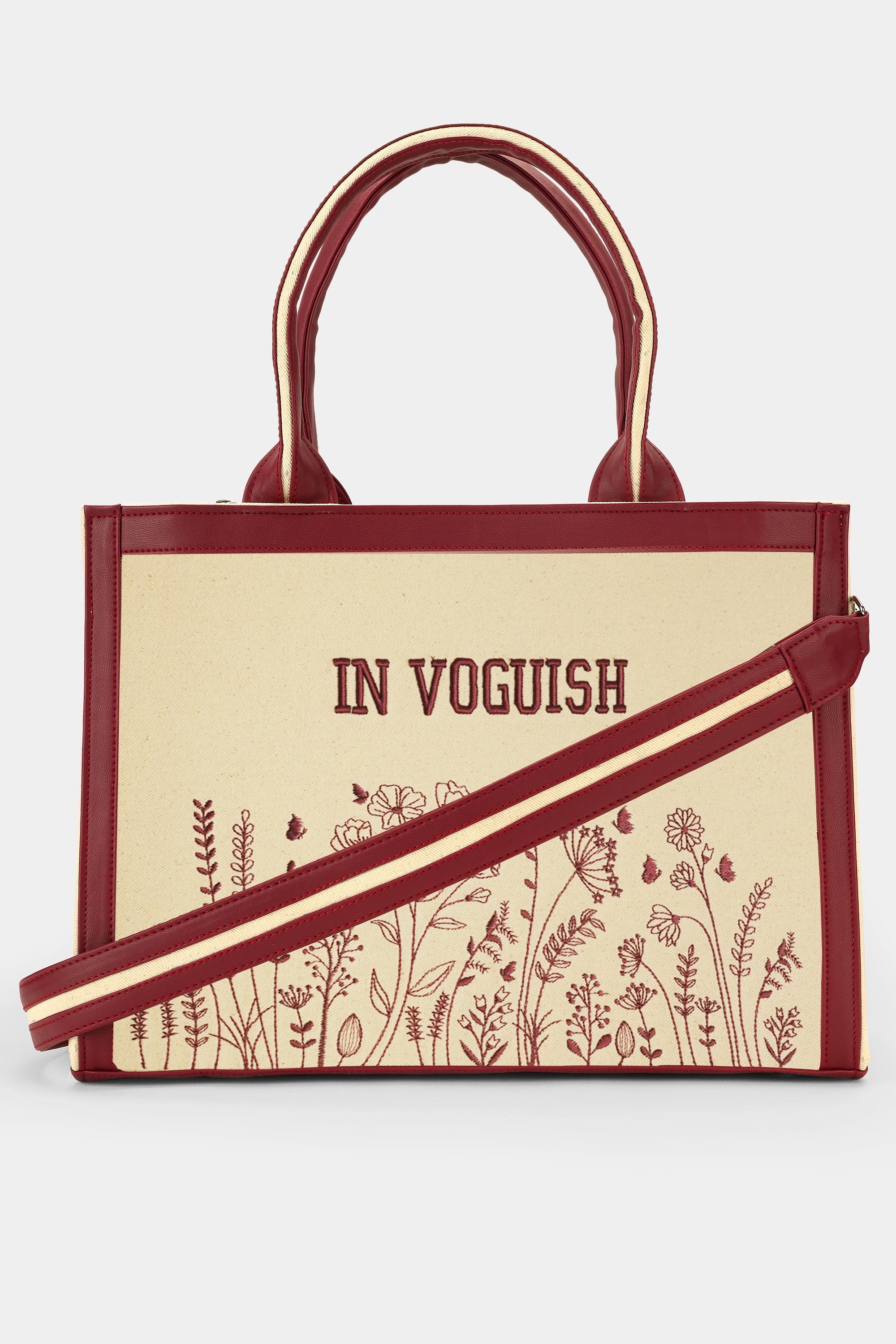 Burgundy Floral Garden Customized Embroidered Tote Bag