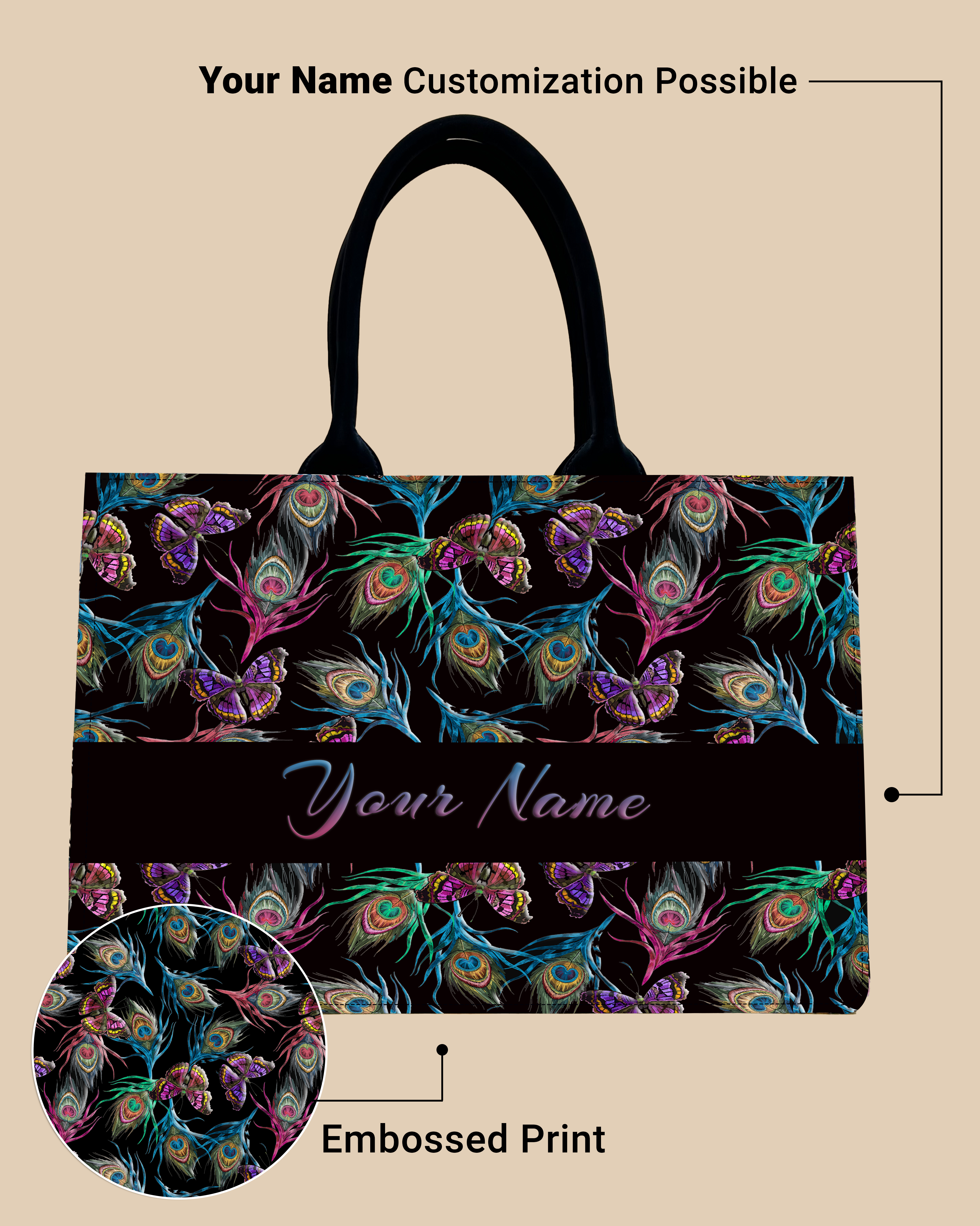 Customized Tote Bag Designed With Colourful Peacock Feather And Flying Butterflies Pattern