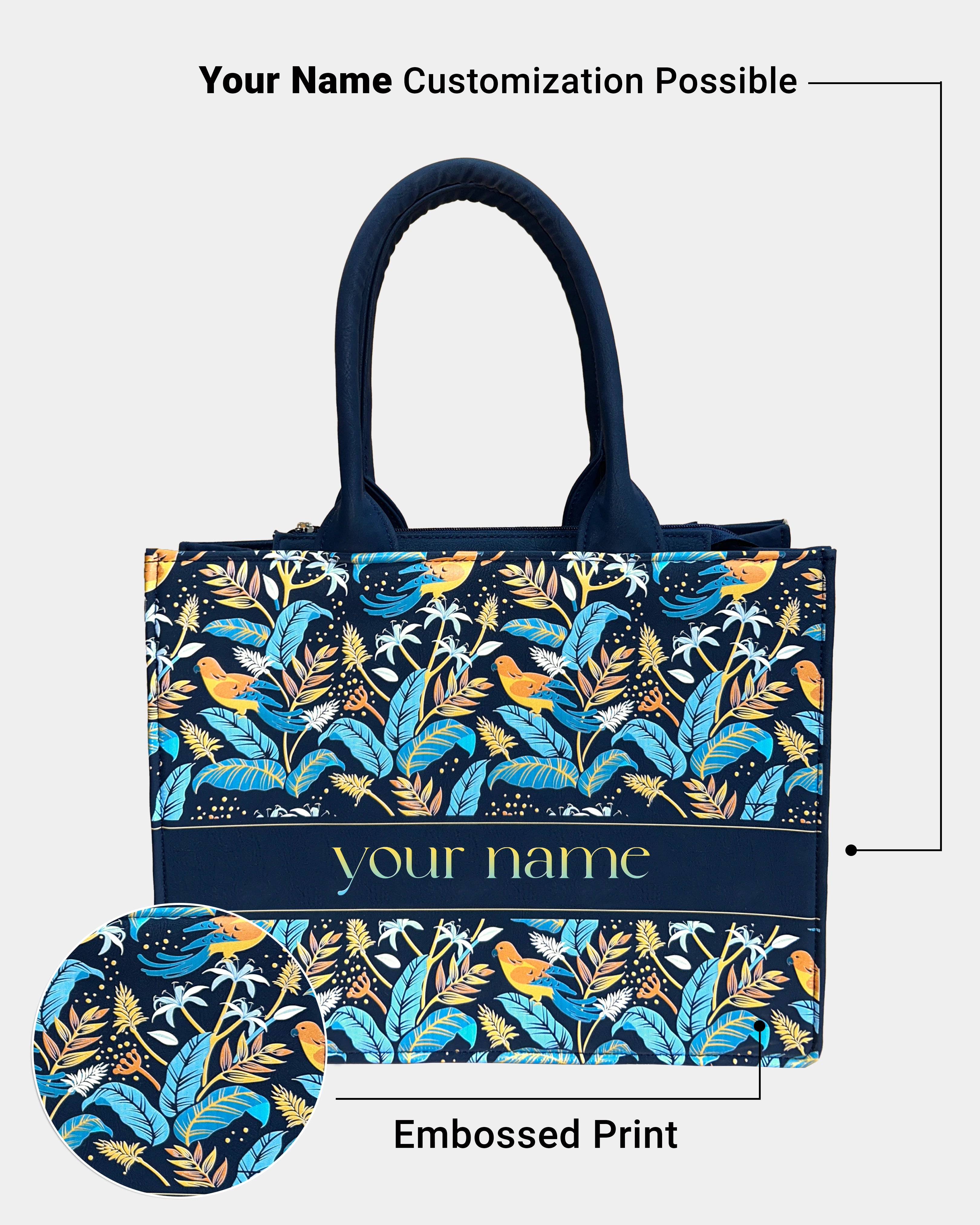 Blue Haven Birds Embossed Customized Tote Bag