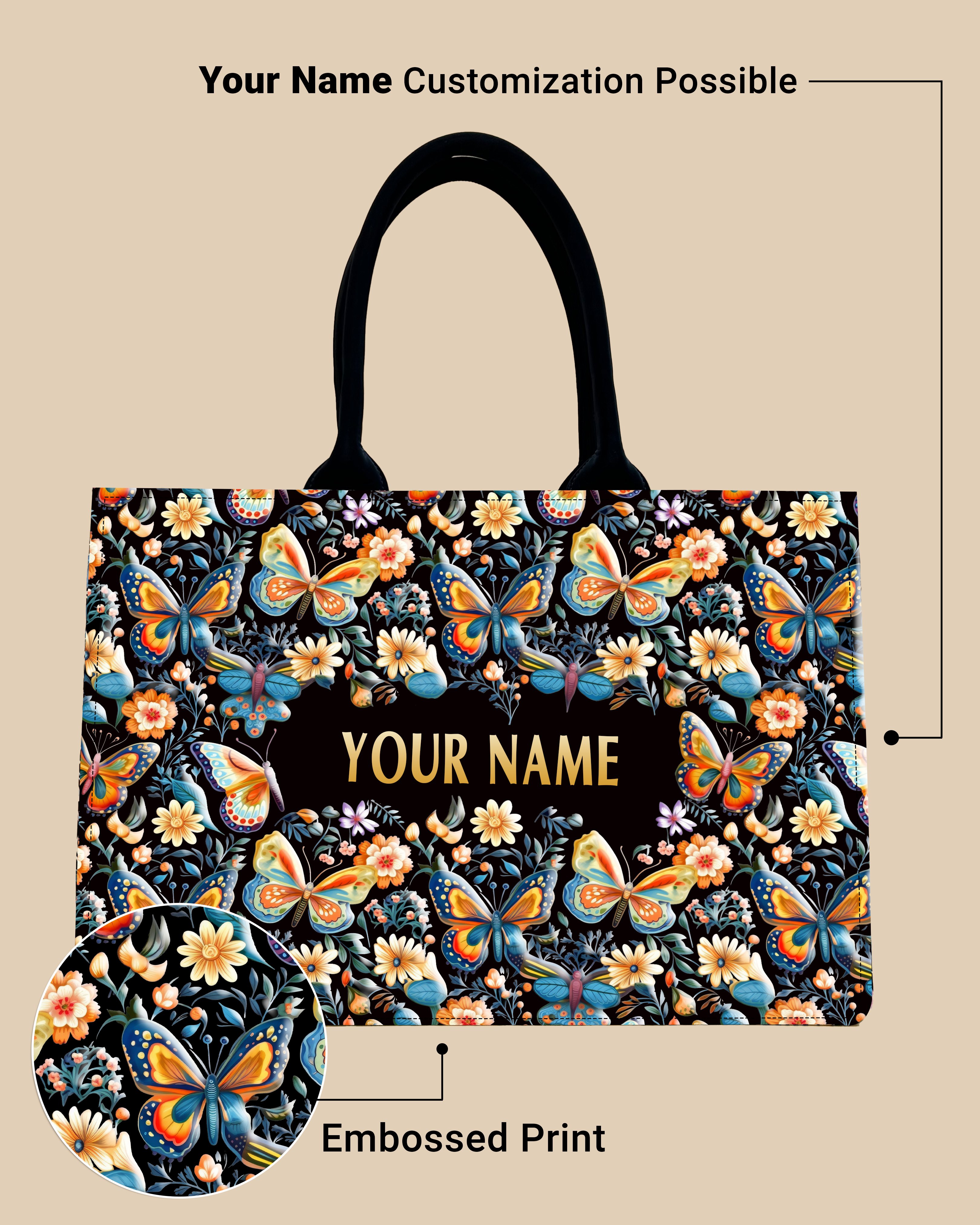 Customized Tote Bag  Designed With Blossom Colourfull Butterflies