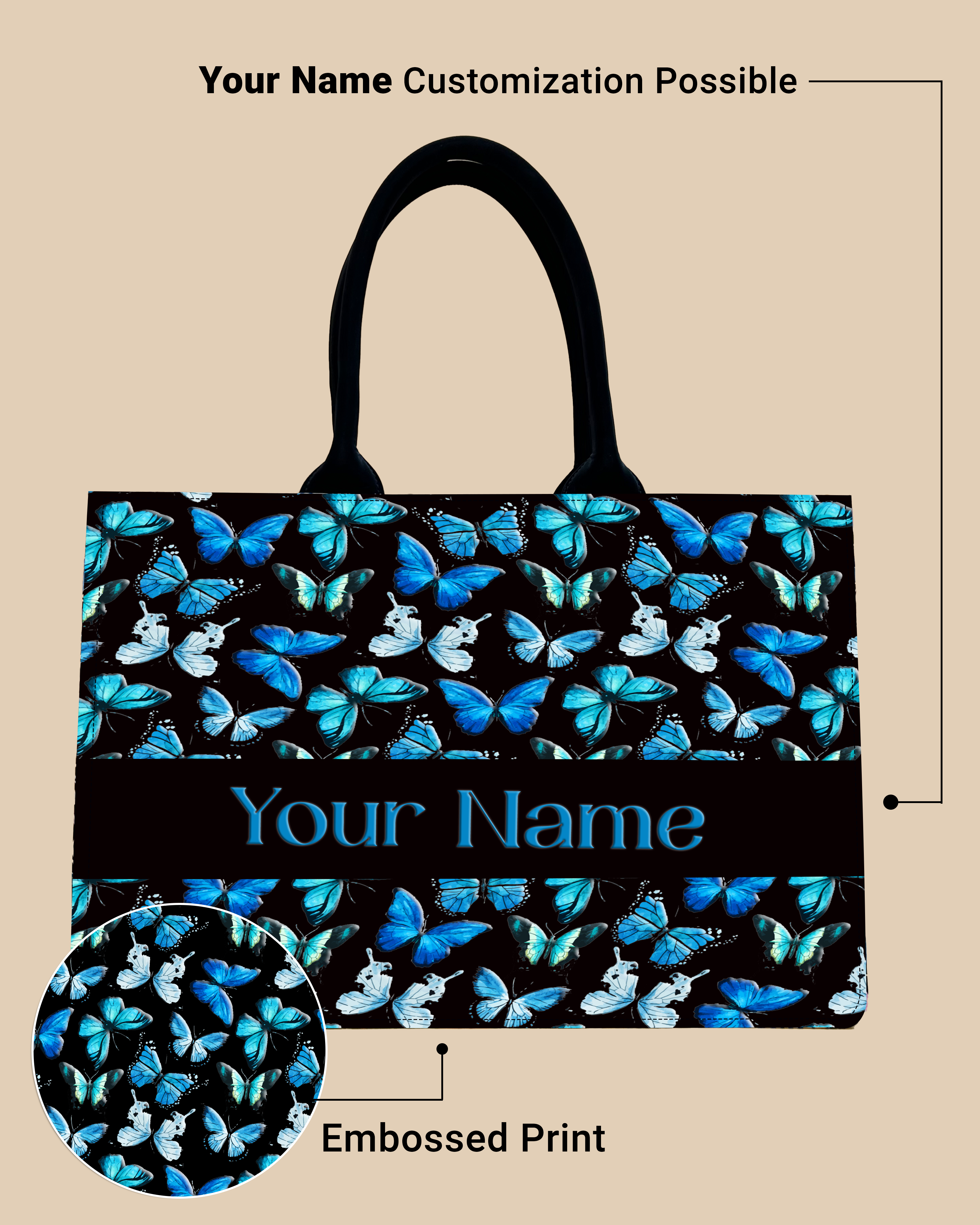 Customized Tote Bag Designed With Blue Flying Butterflies