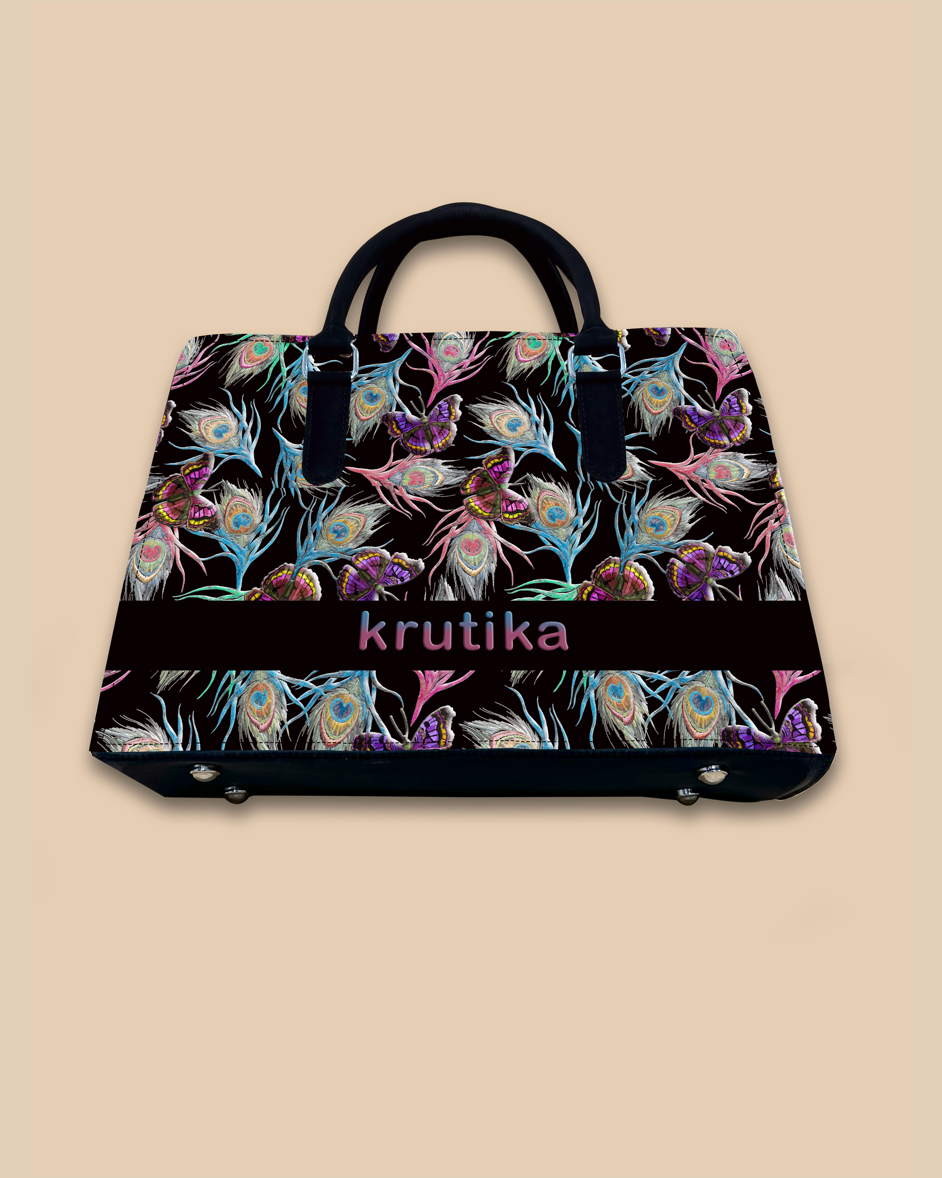 Colorful Peacock Feather And Flying Butterflies Designer Sling Tote