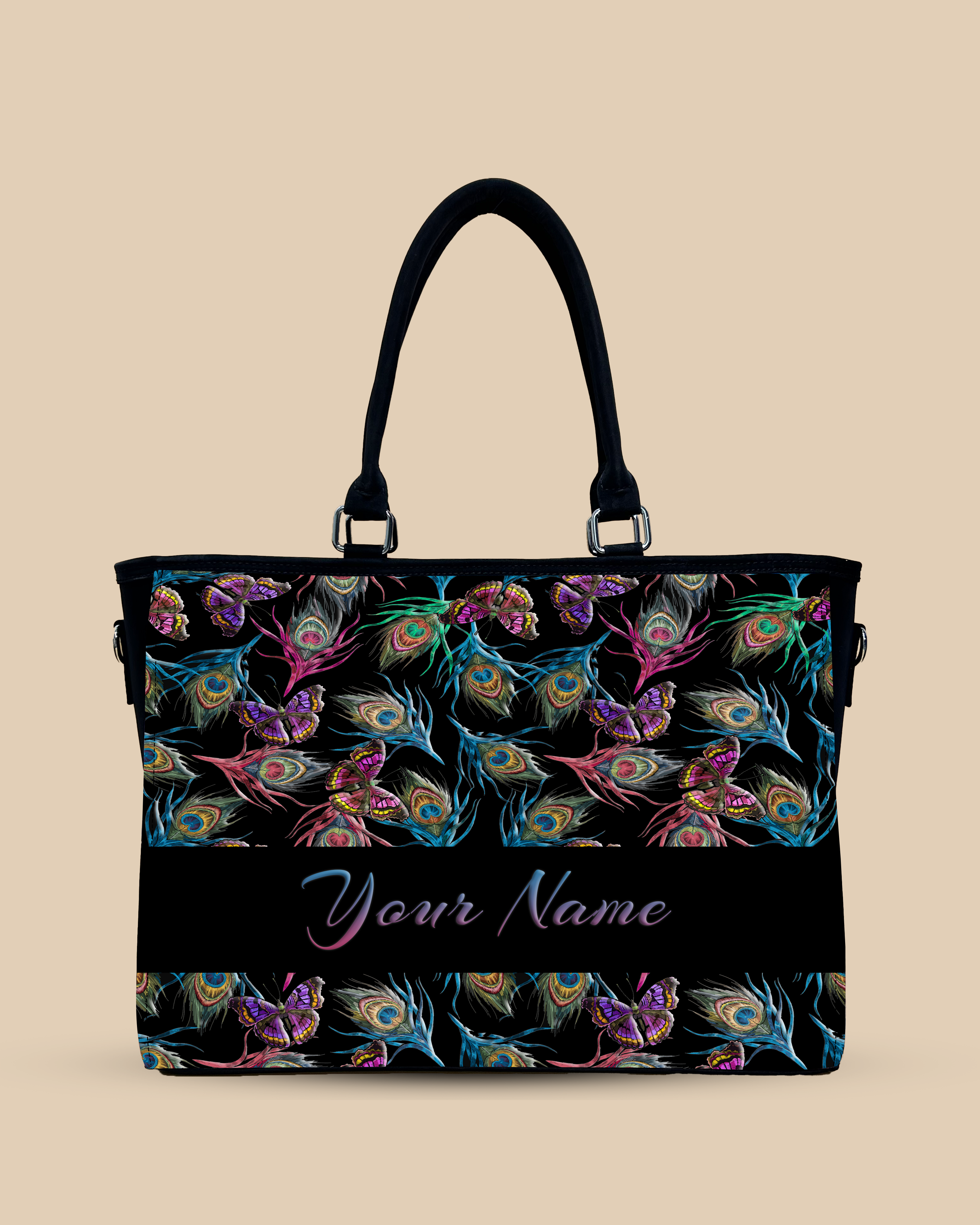 Colorful Peacock Feather And Flying Butterflies Pattern Oversized Tote