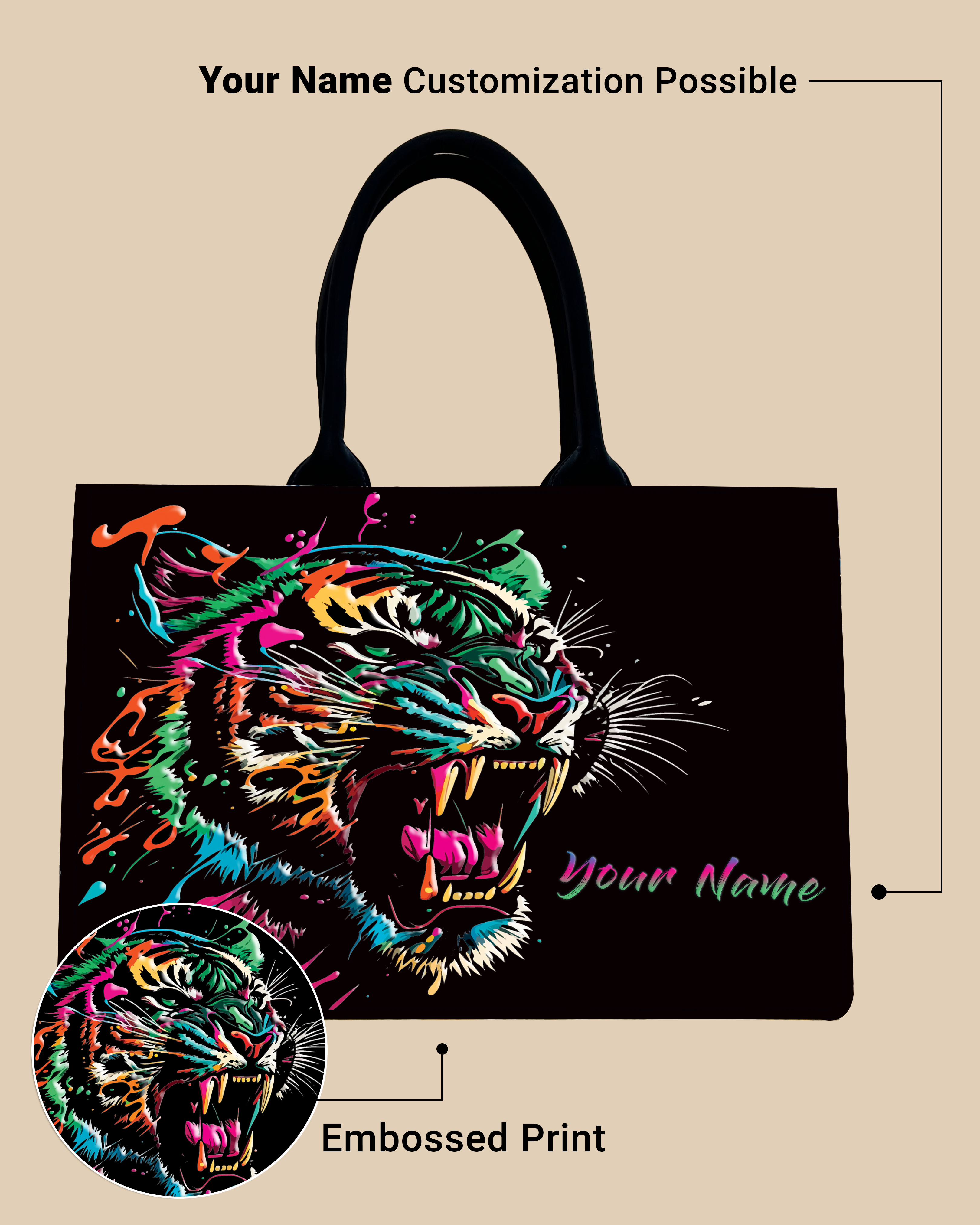 Customized Tote Bag Designed With Colourfull Roaring Bangal Tiger