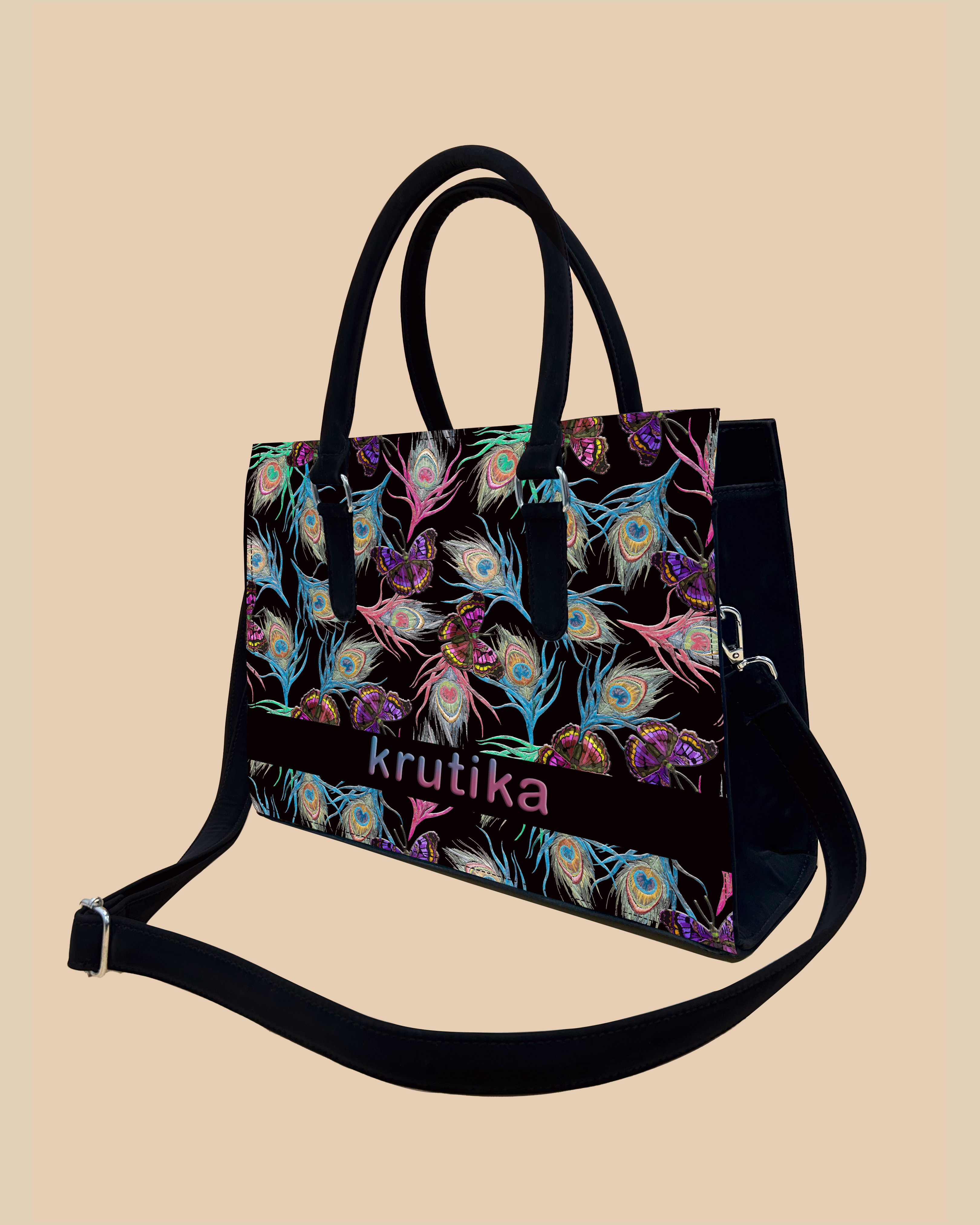 Colorful Peacock Feather And Flying Butterflies Designer Sling Tote