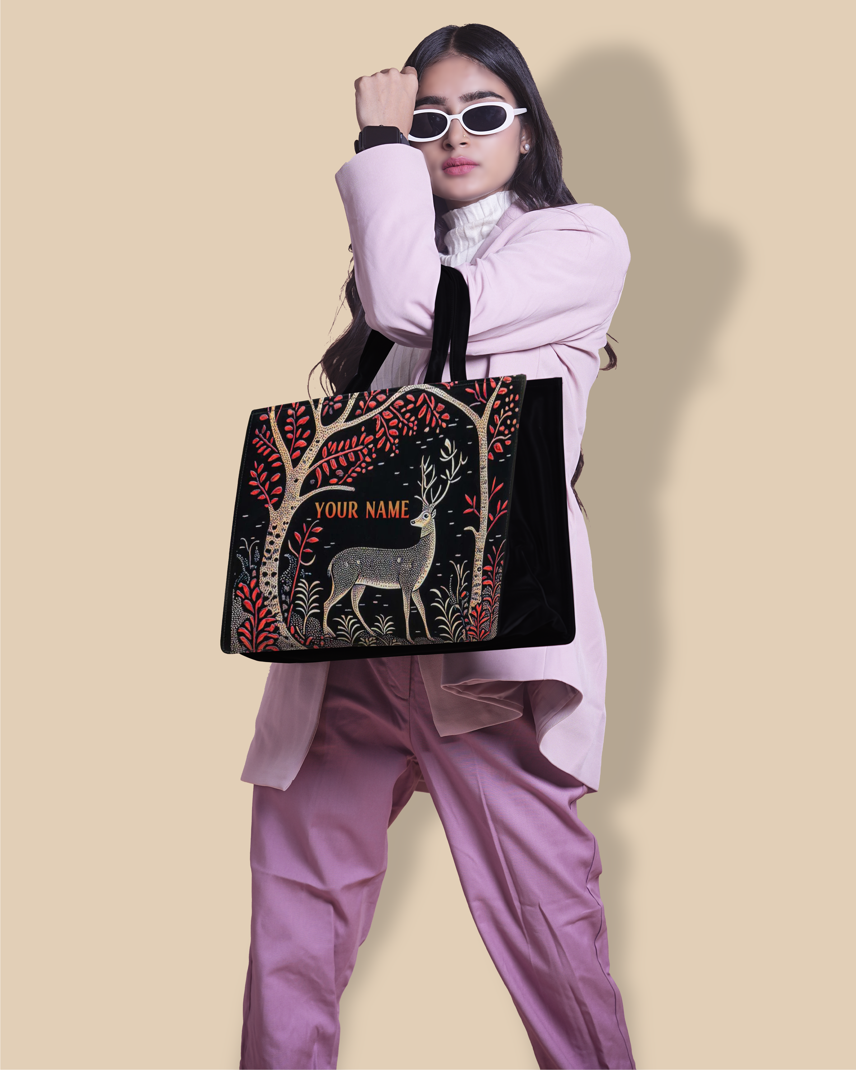 Deer in Jungle Up Embossed Design Leather Personalized Tote Bag