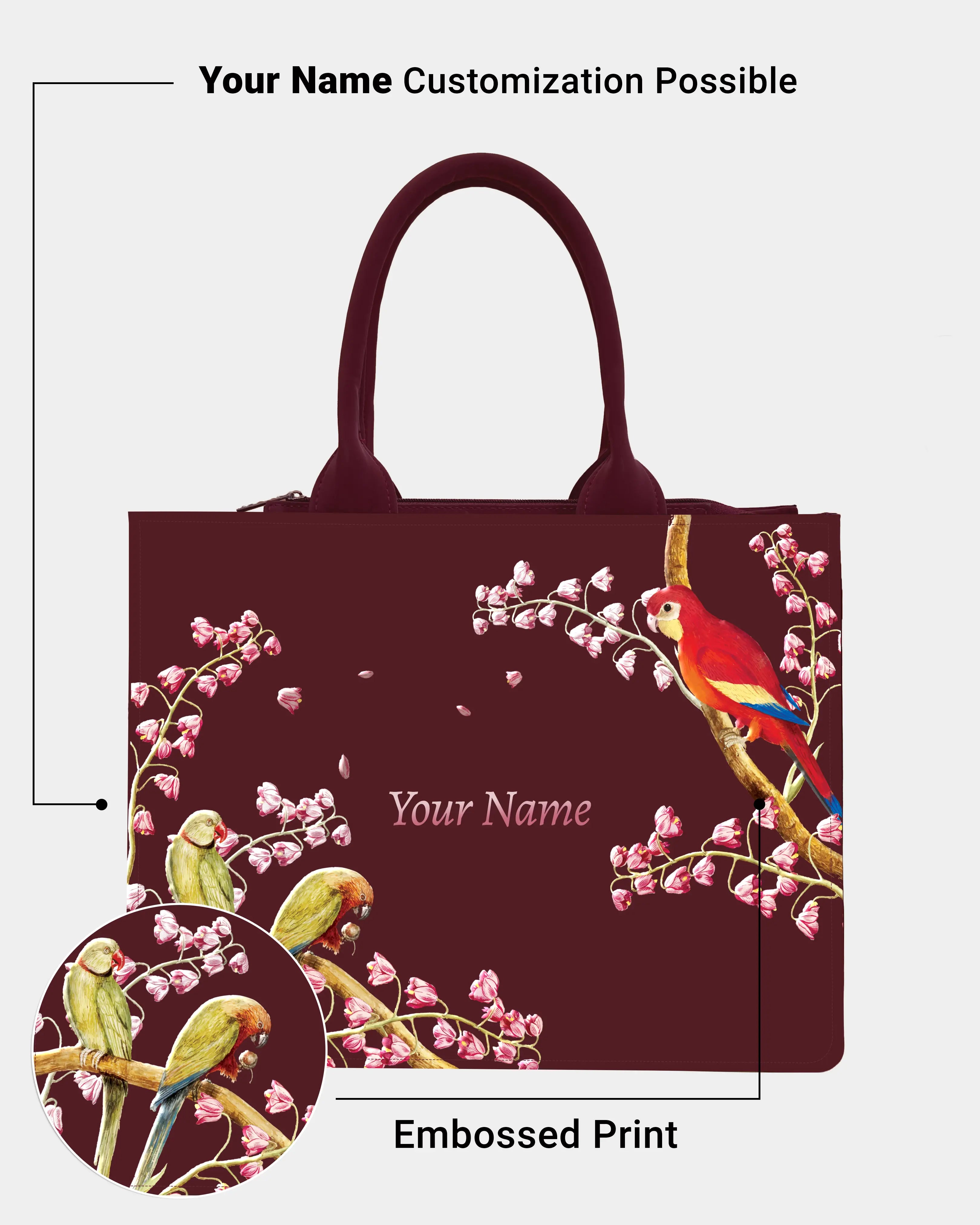 Rich Wine with colorful parrot Embossed Custom Tote Bag