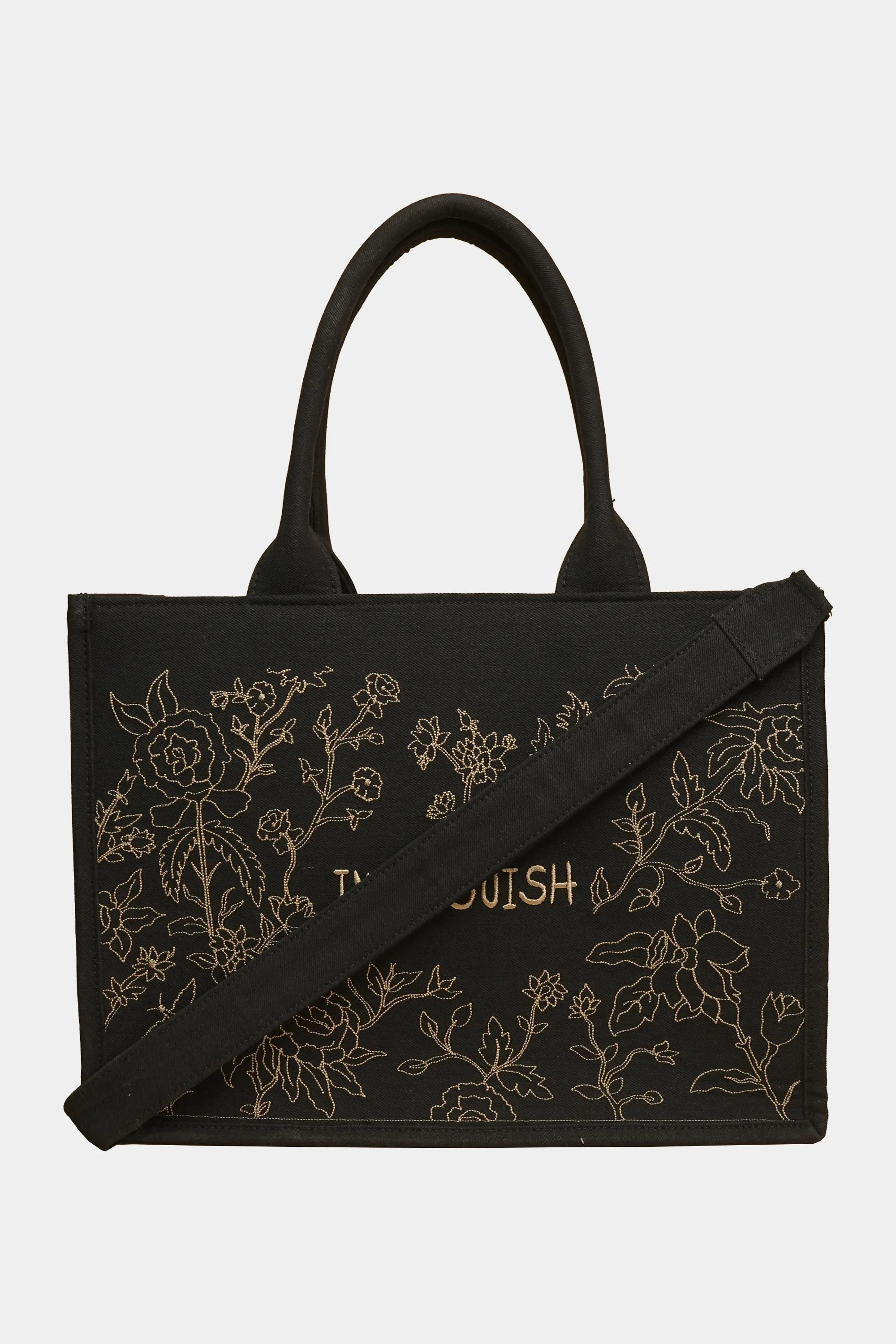 Golden Bloom Embroidered Denim Tote