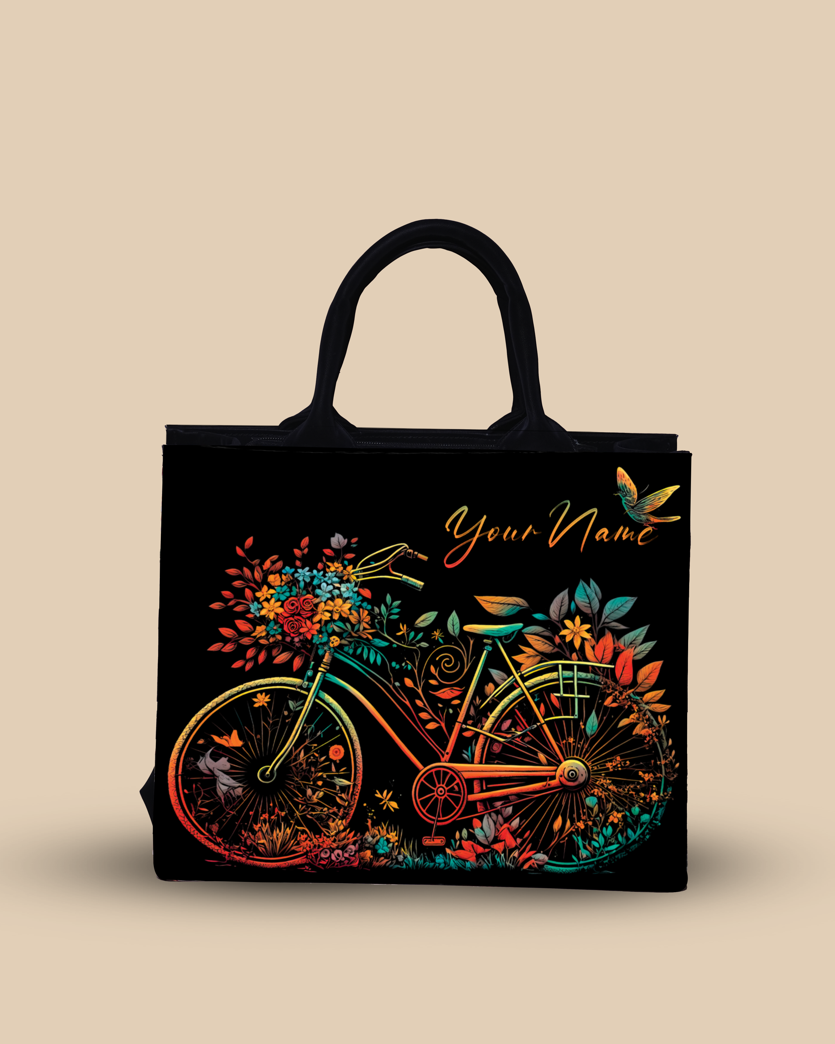 Customized small Tote Bag Designed With Growing Nature On Colorful Bicycle