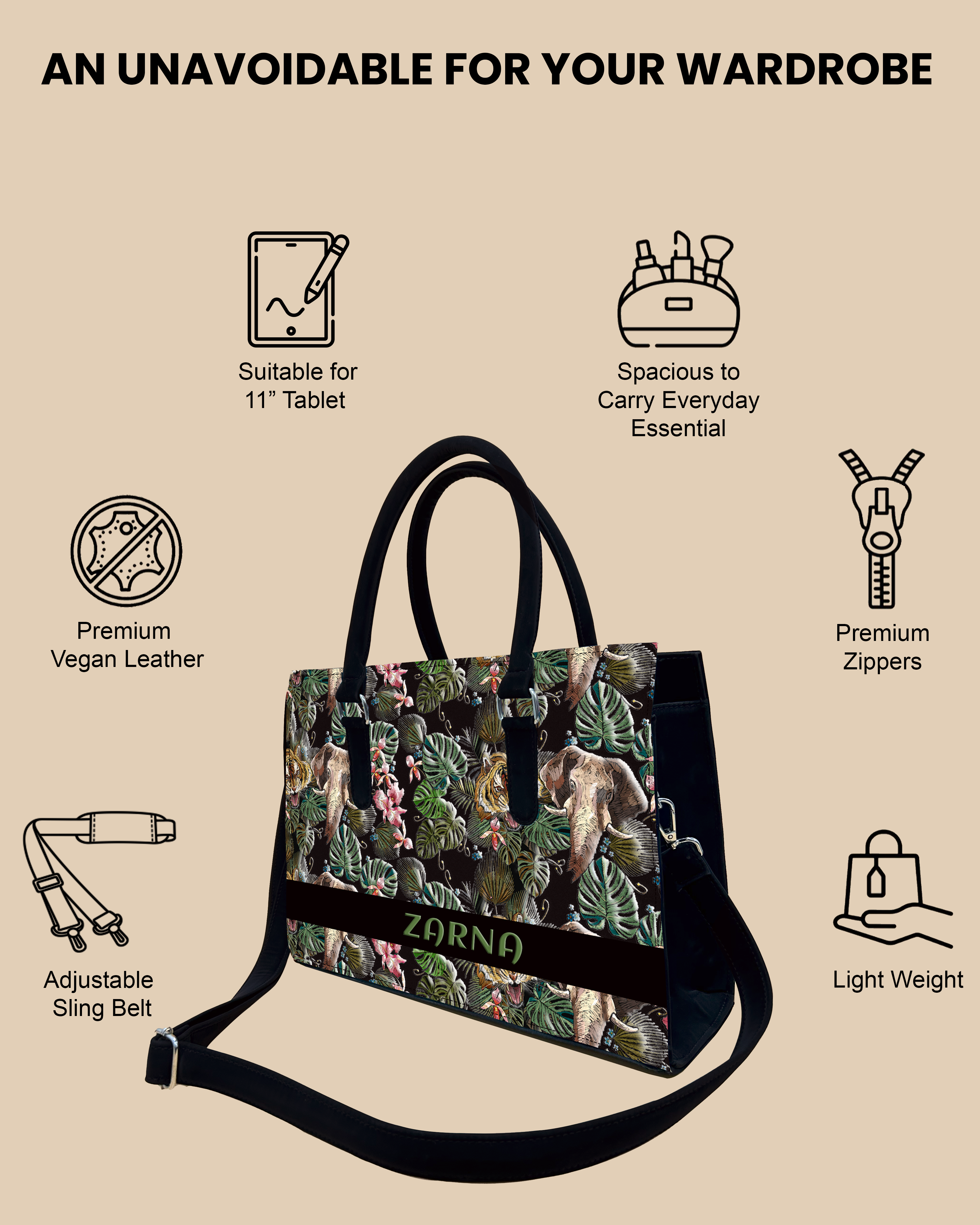 Palm Leaves, Tiger And Elephant Designer Sling Tote