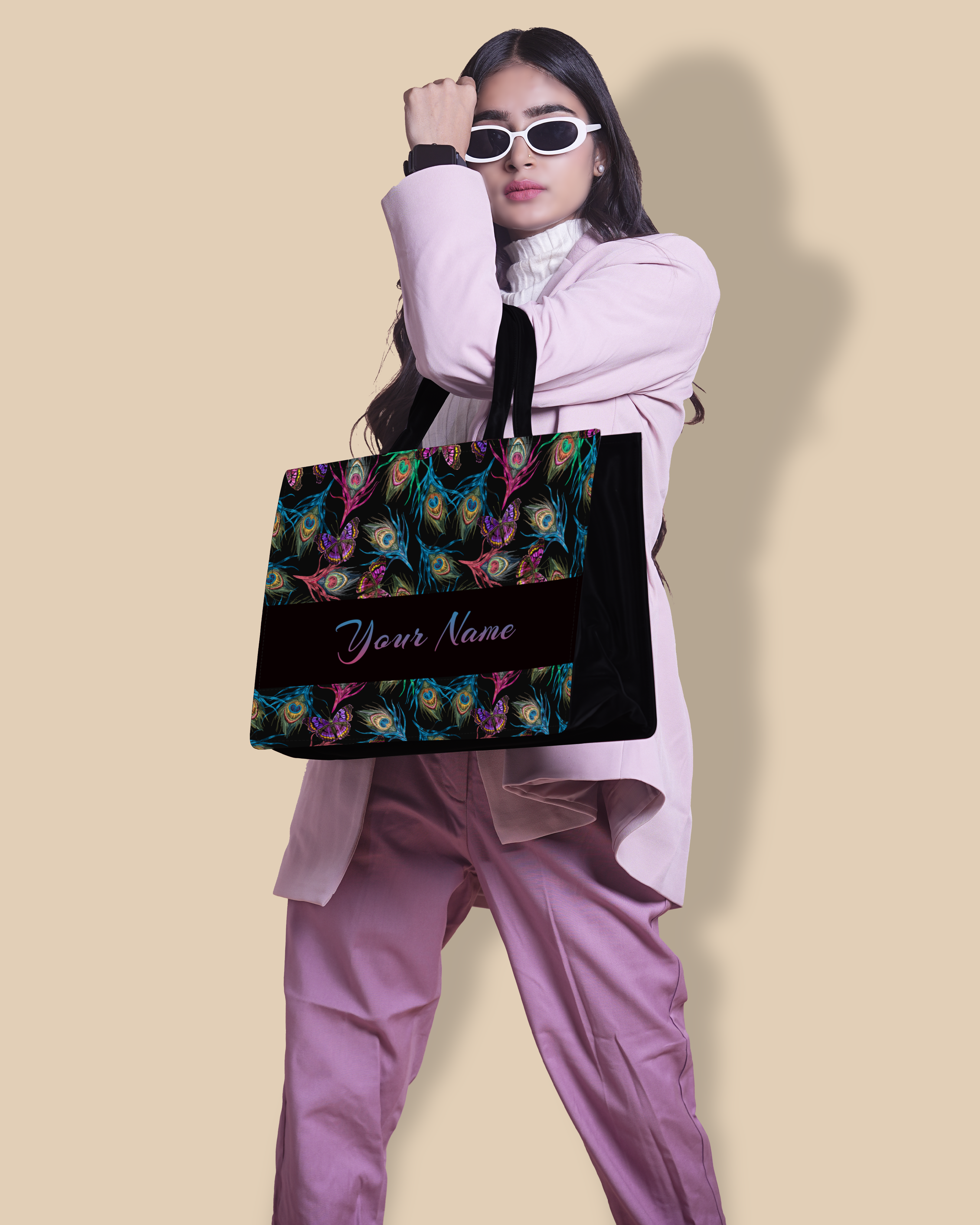 Customized Tote Bag Designed With Colourful Peacock Feather And Flying Butterflies Pattern