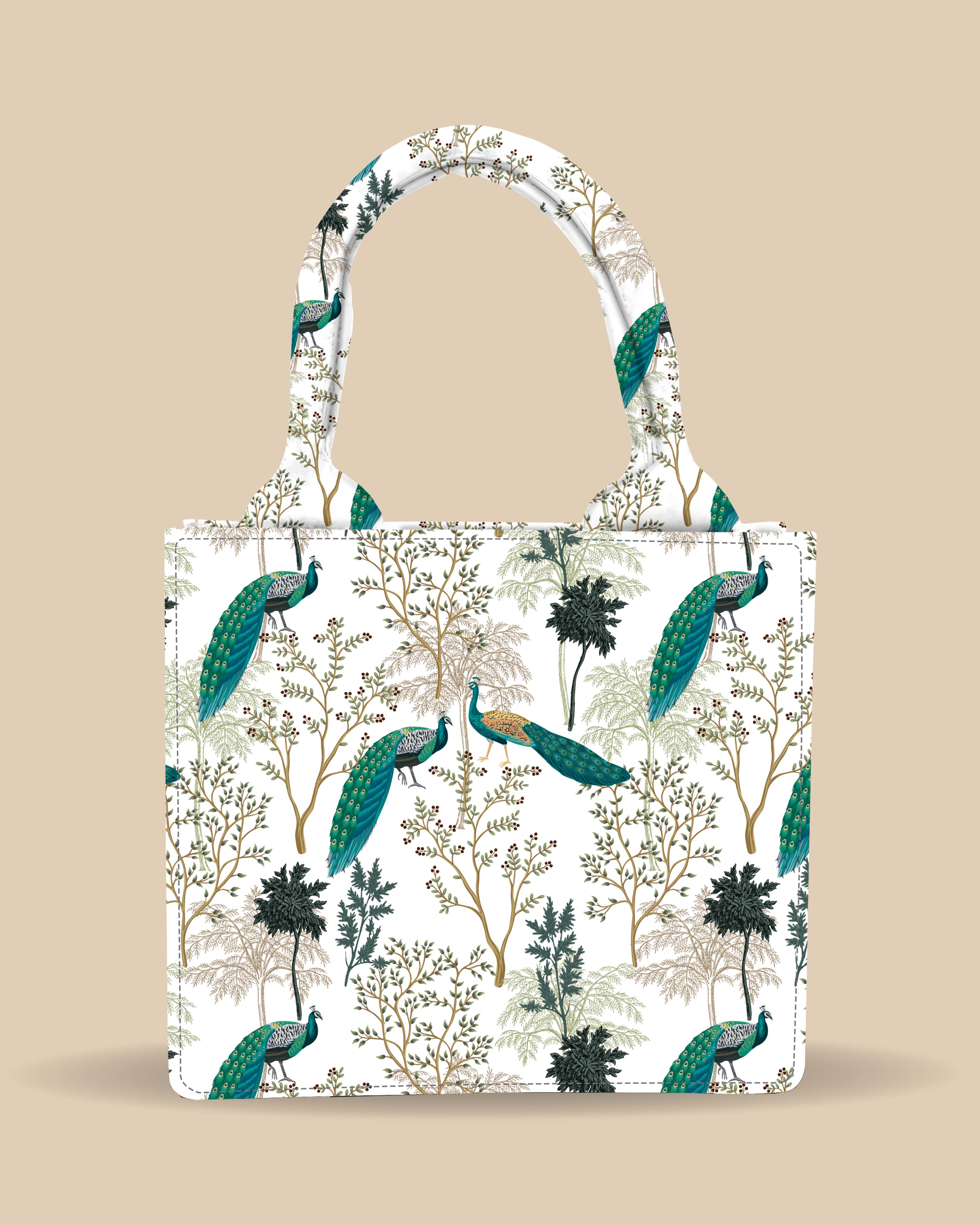 Customized Small Tote Bag Designed With Elegant Peacock And Summer Tree