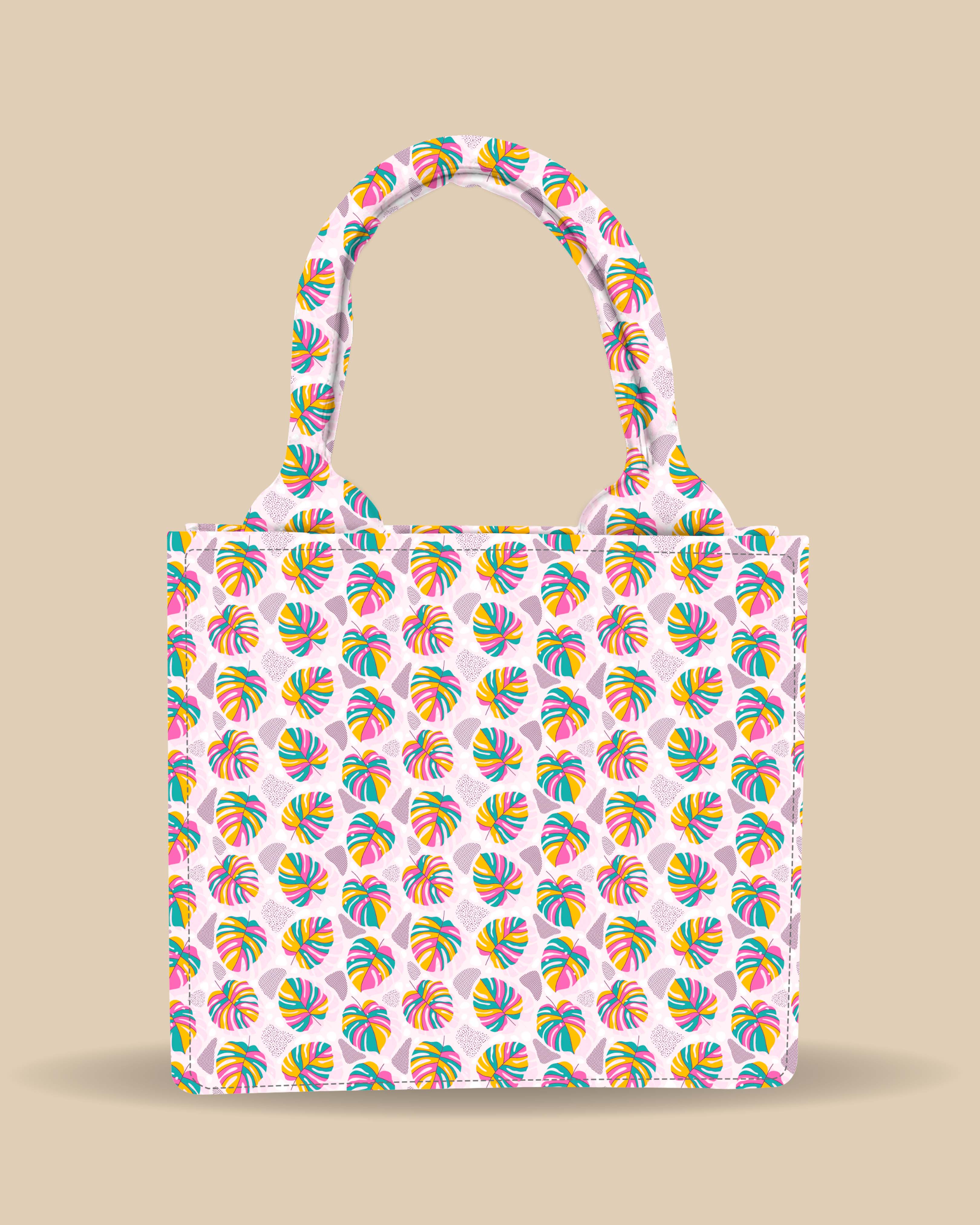 Customized Small Tote Bag Designed with Rainbow Tropical Plam Leaves