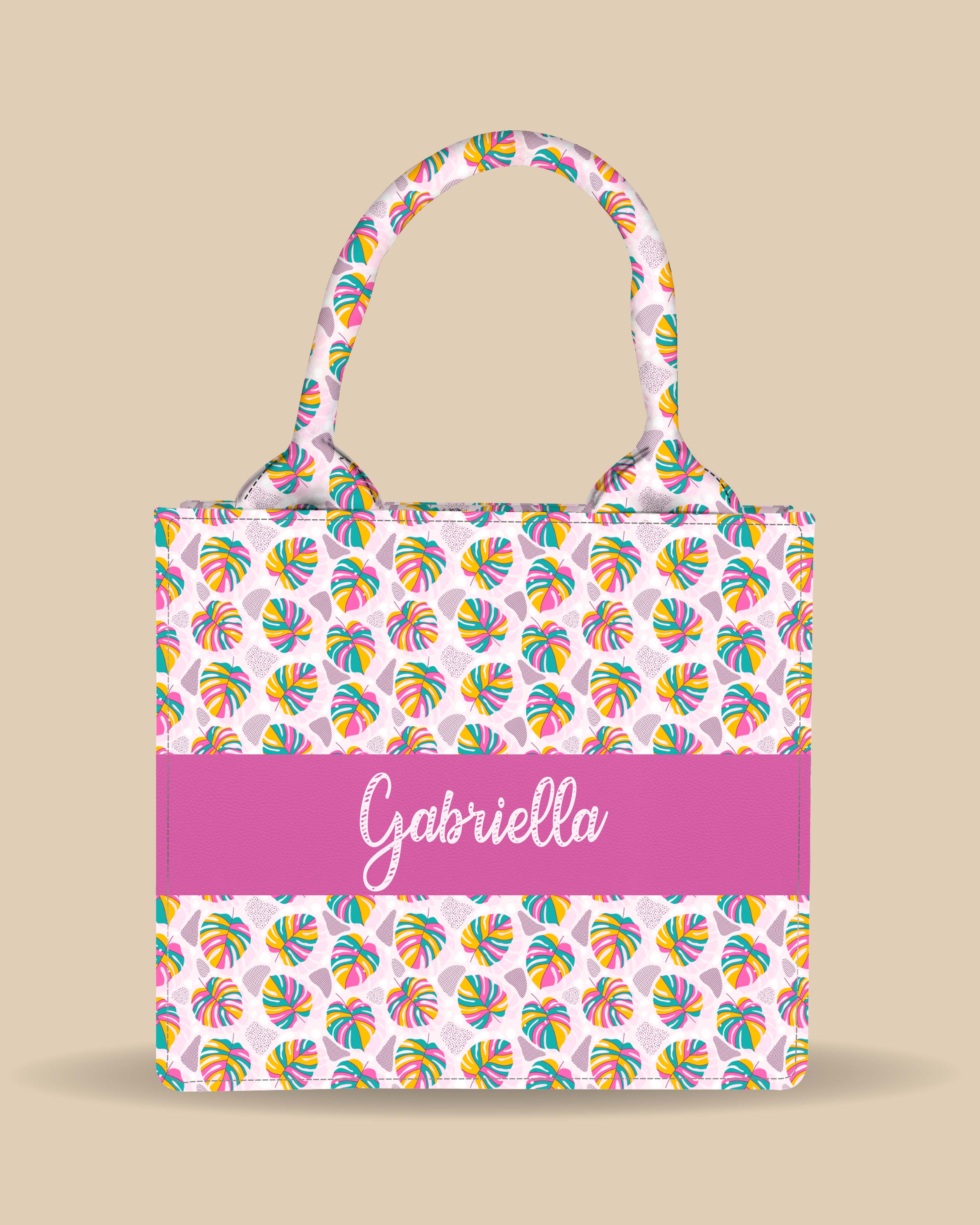 Customized Small Tote Bag Designed with Rainbow Tropical Plam Leaves