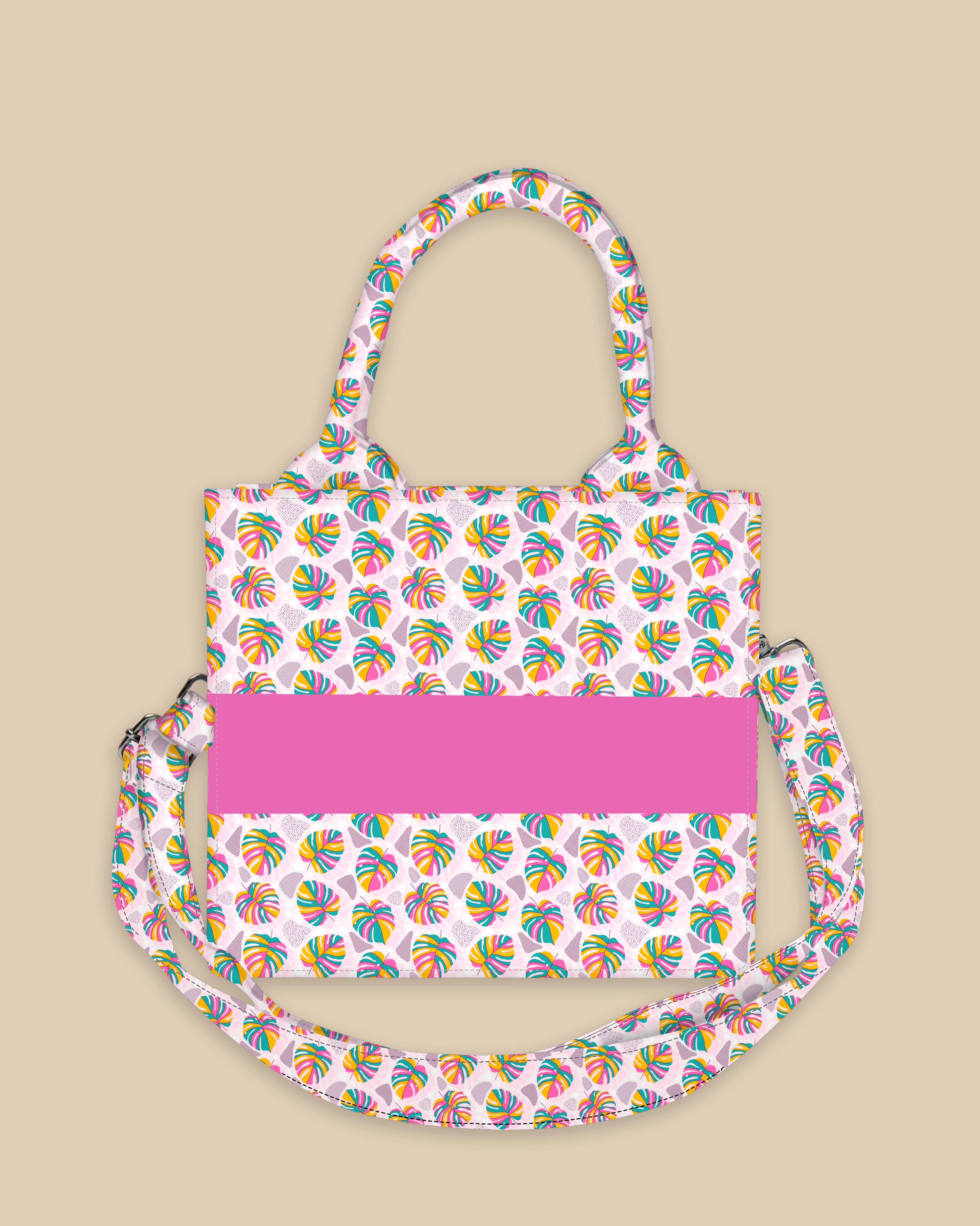 Customized Small Tote Bag Designed with Rainbow Tropical Plam Leaves