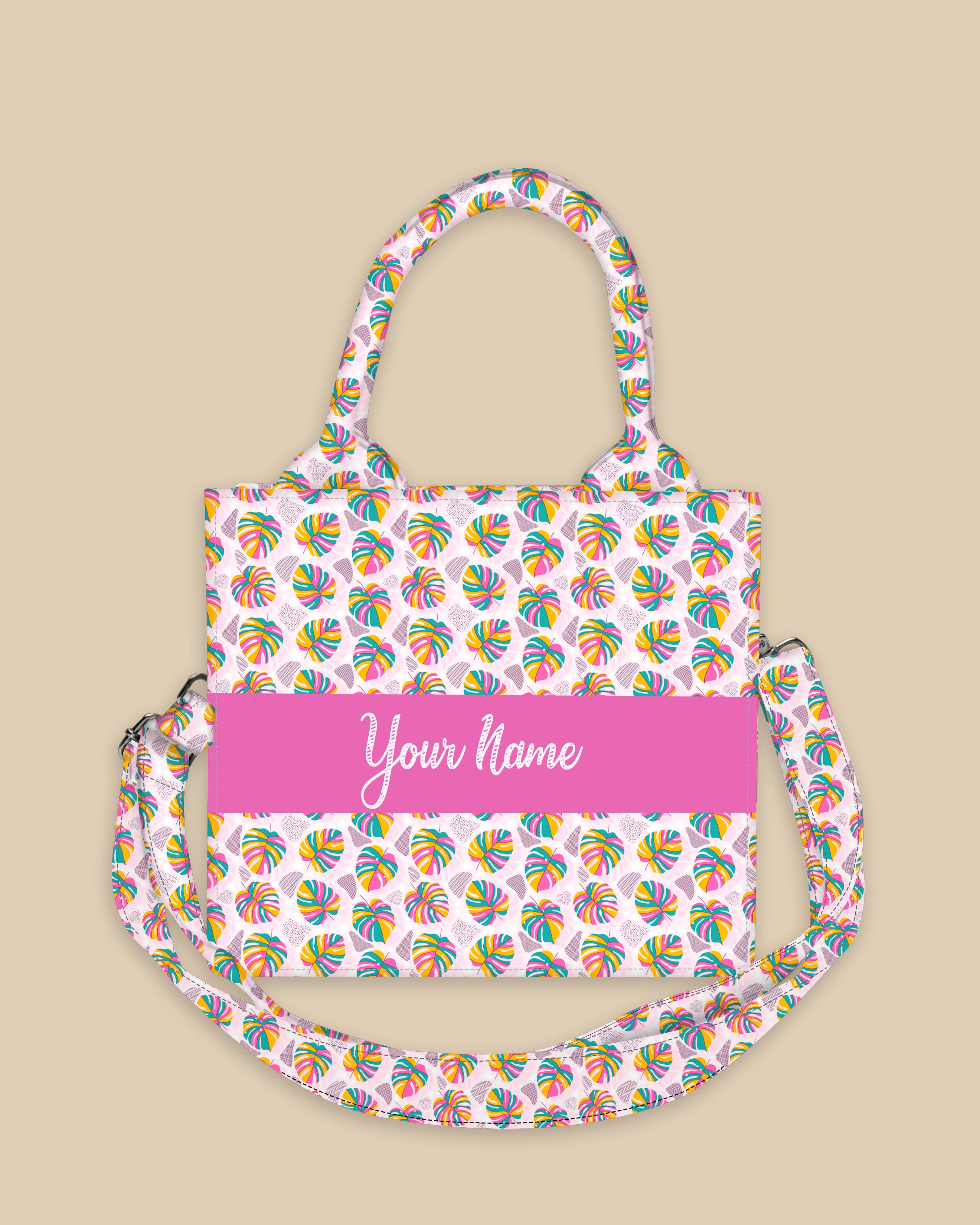 Customized Small Tote Bag Designed with Rainbow Tropical Plam Leaves