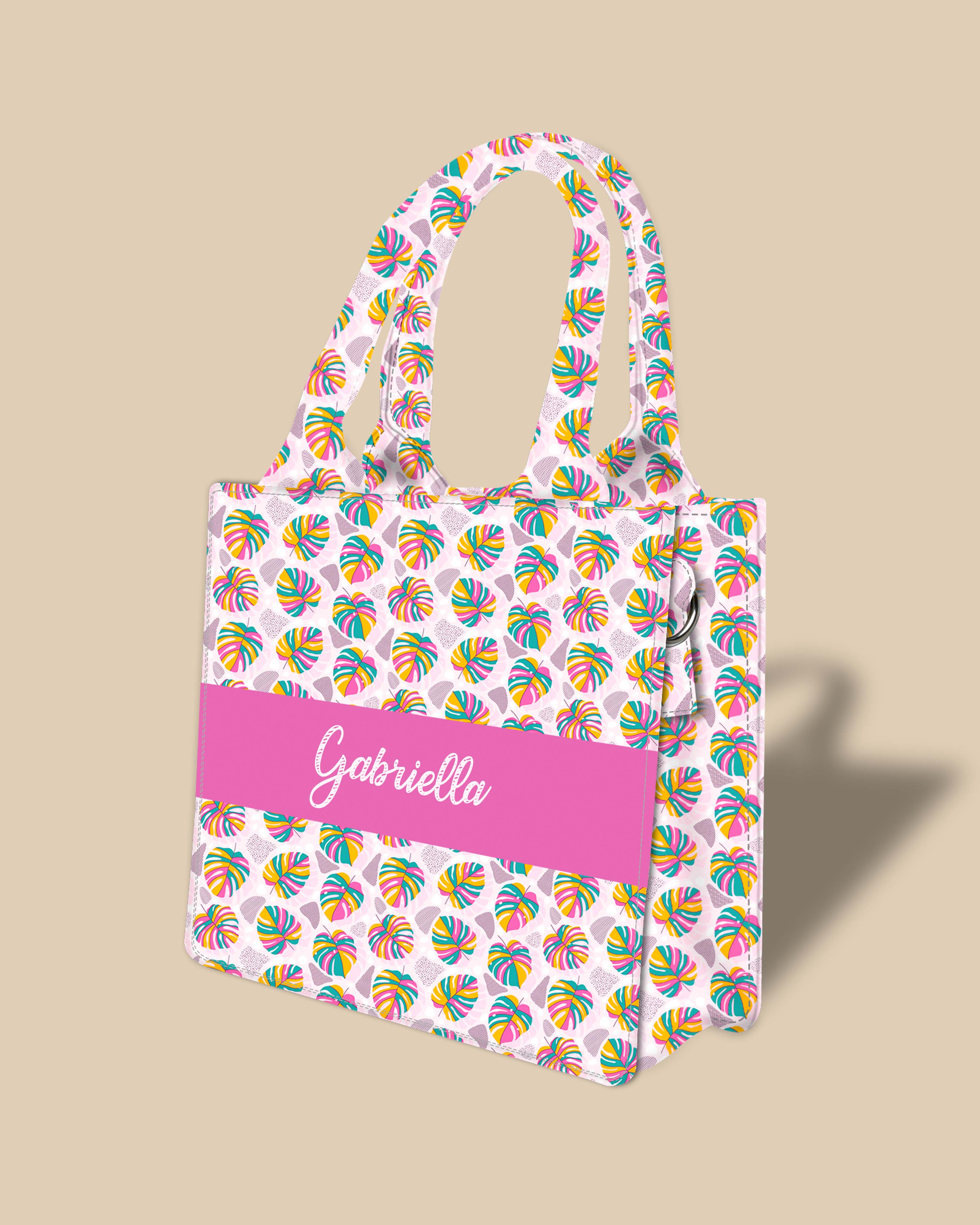 Customized Small Tote Bag Designed with Rainbow Tropical Plam Leaves