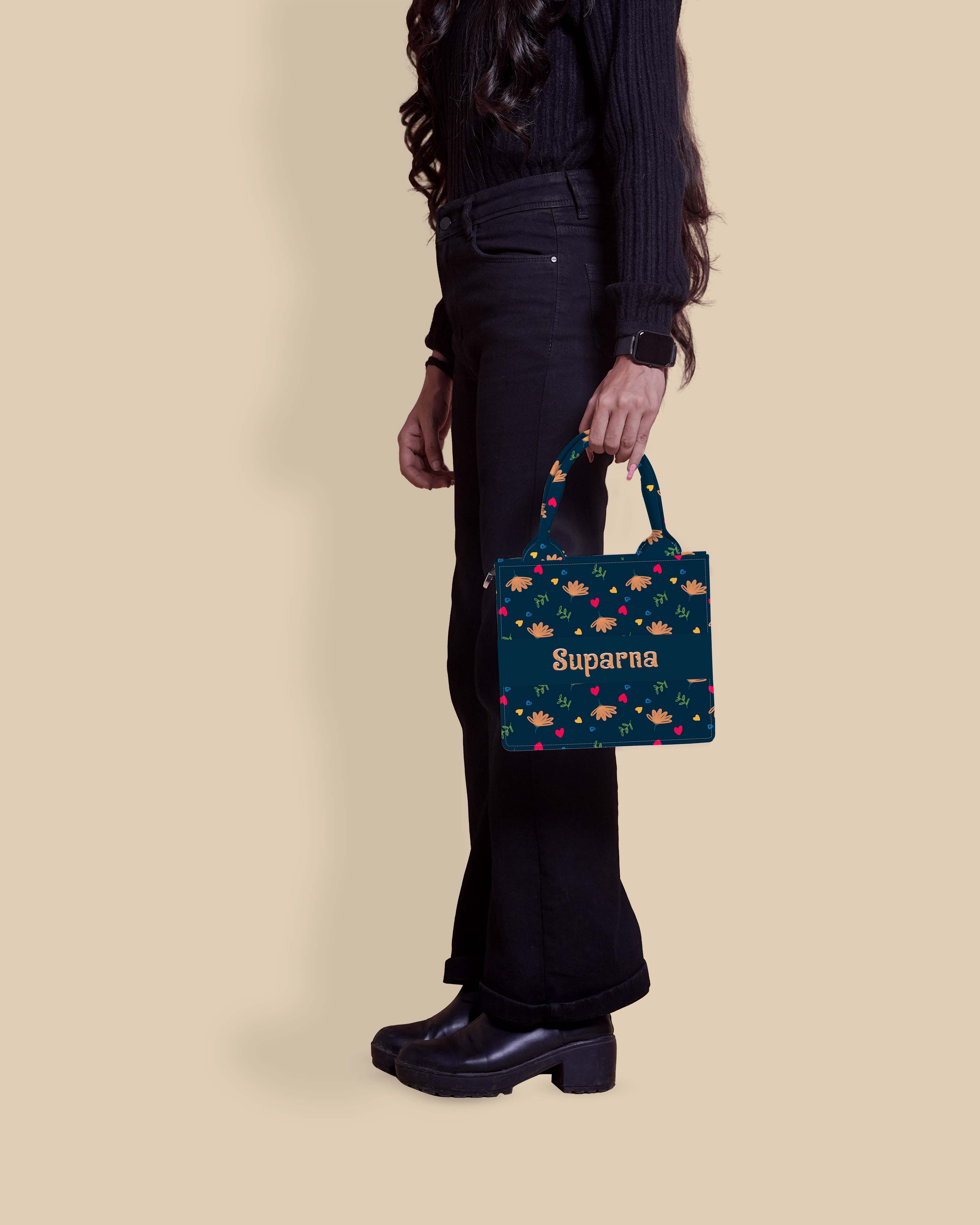 Customized Small Tote Bag Designed with Stylish Flowers, Leaves And Beautiful Leaves